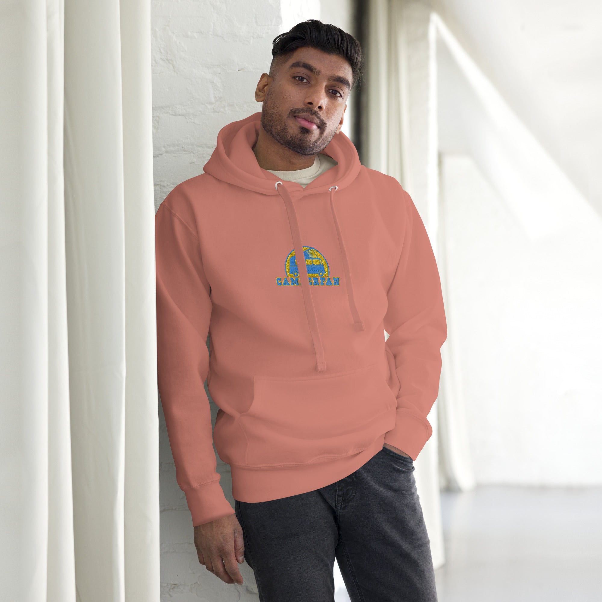 Sweat à capuche unisexe en coton Camperfan aqua/gold brodé