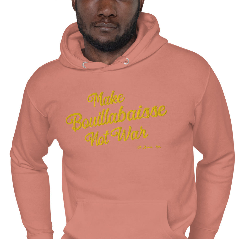Sweat à capuche unisexe en coton Make Bouillabaisse Not War doré grand motif brodé sur couleurs claires