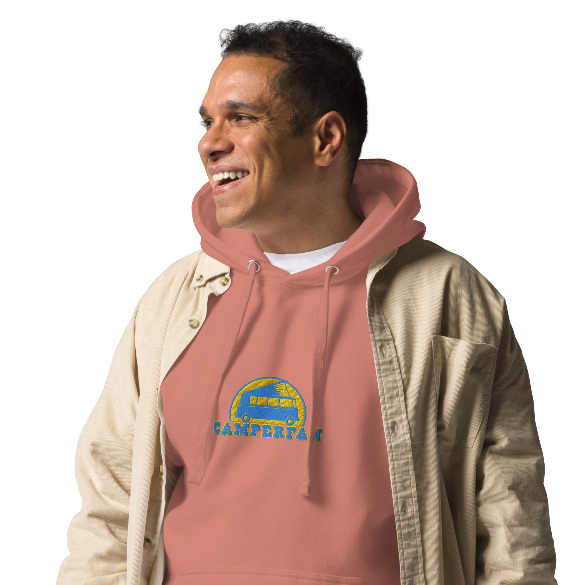 Unisex Cotton Hoodie Camperfan aqua/gold embroidered pattern