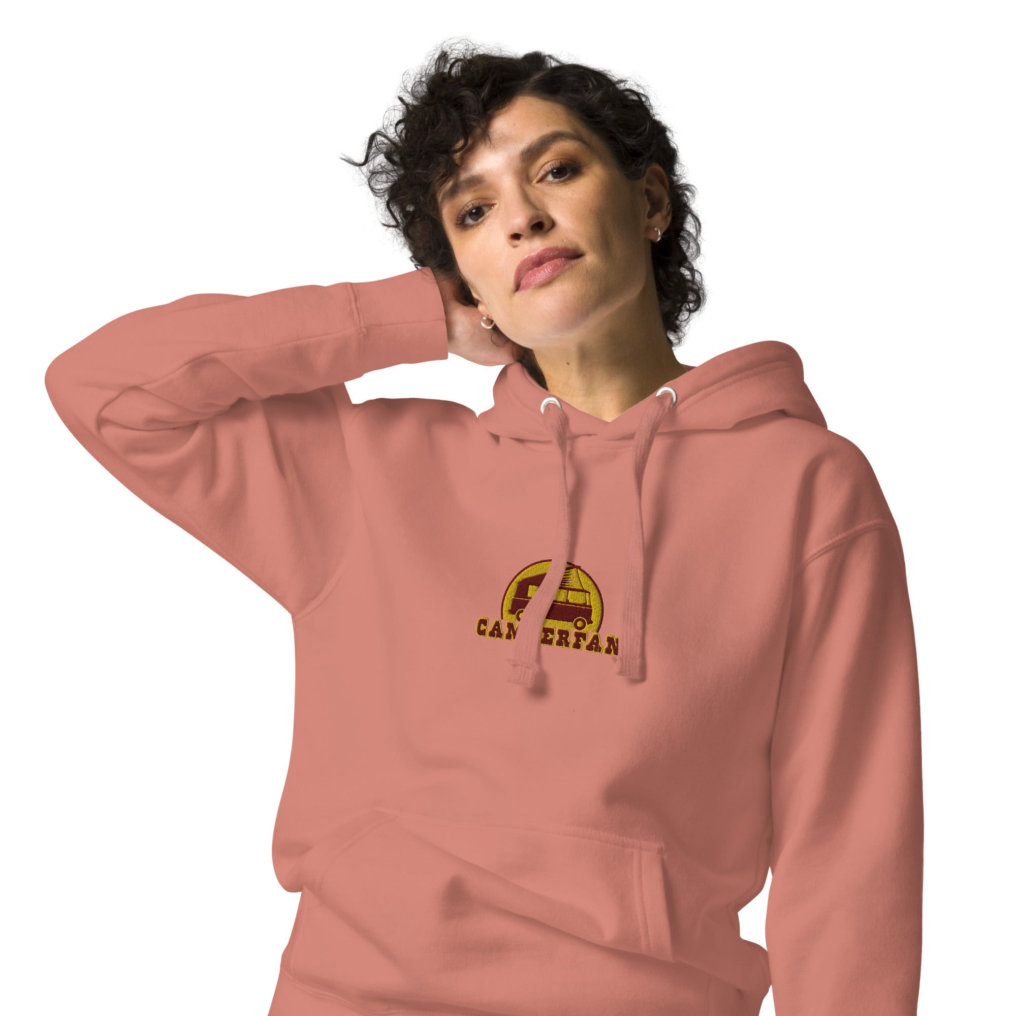 Unisex Cotton Hoodie Camperfan marroon/yellow embroidered pattern
