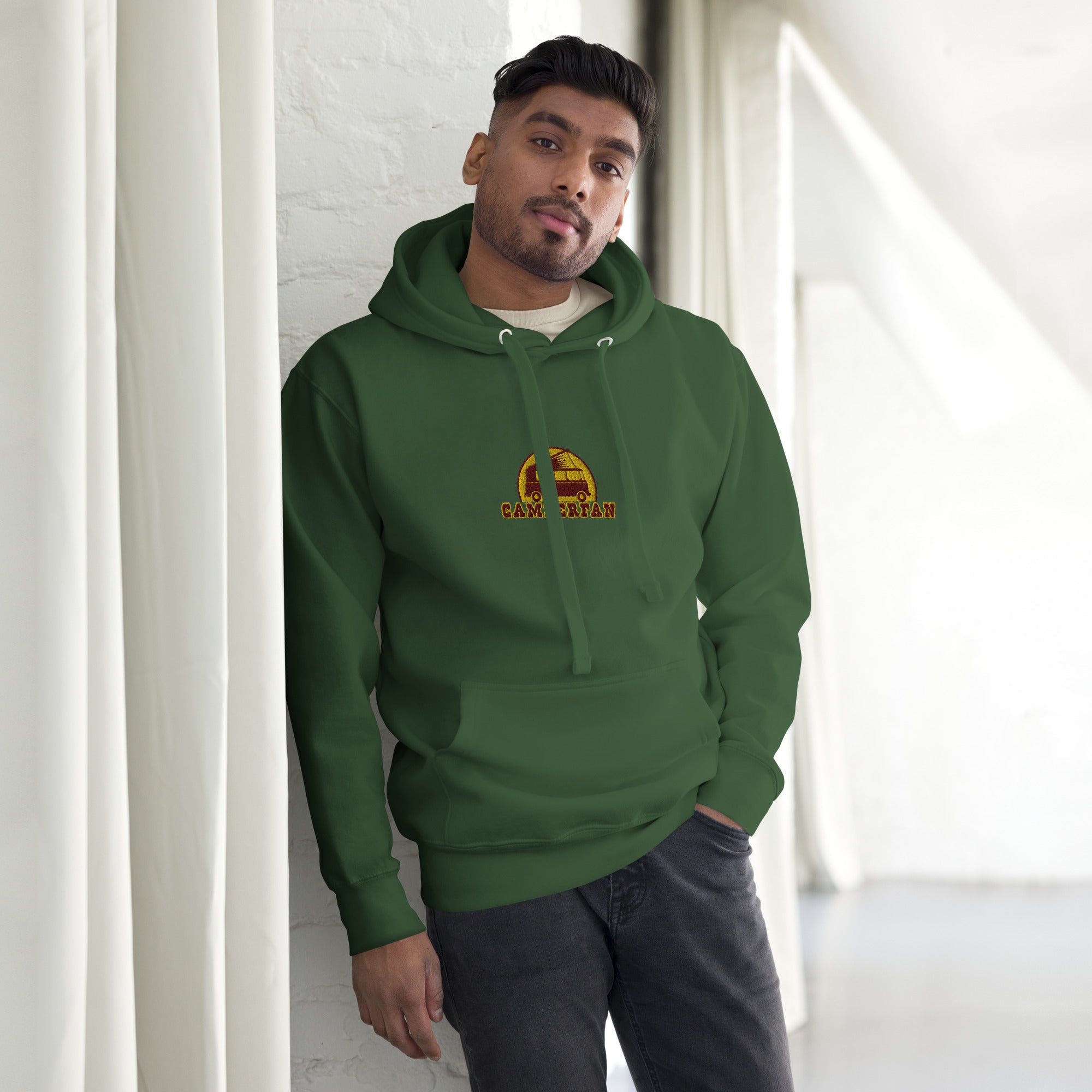 Unisex Cotton Hoodie Camperfan marroon/yellow embroidered pattern