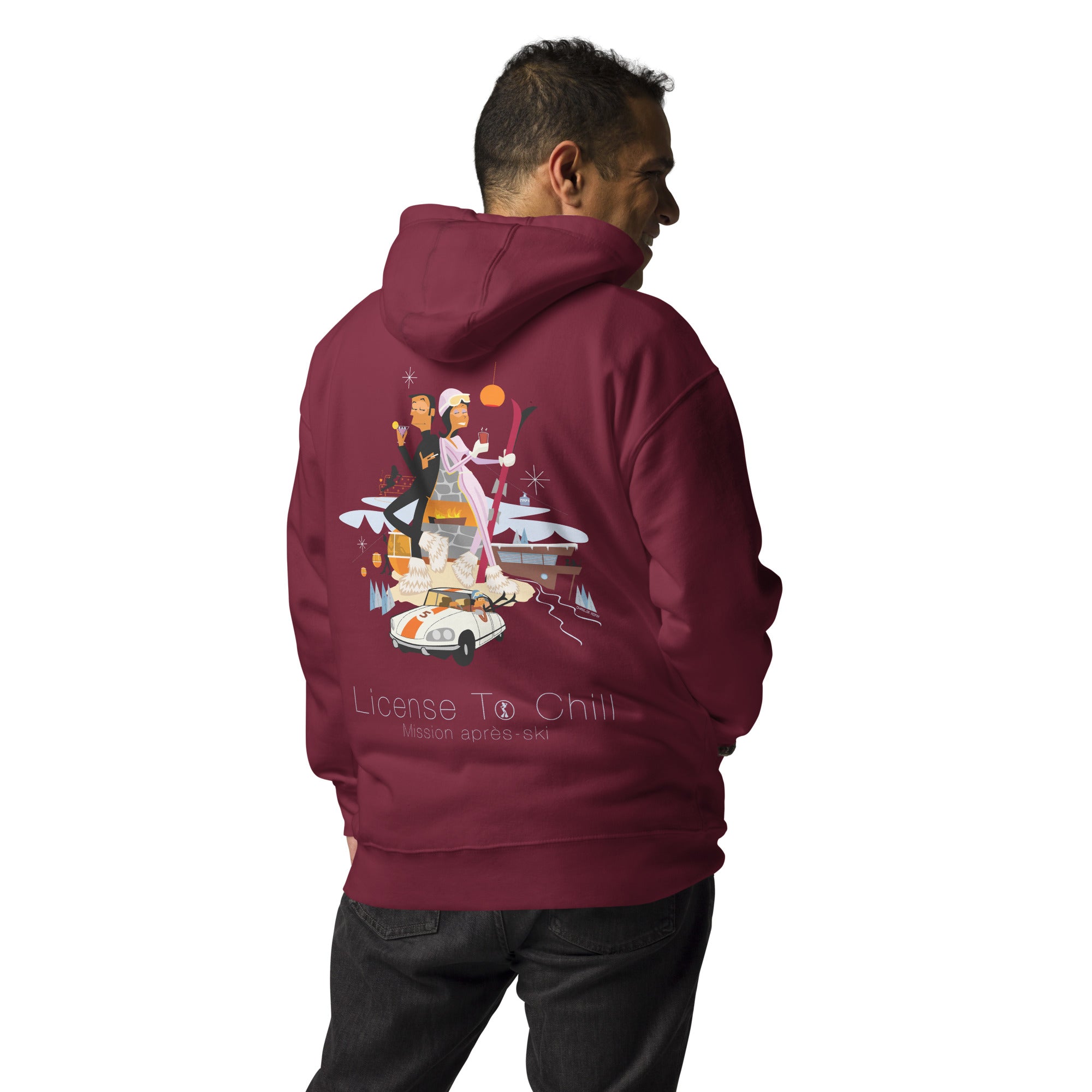 Sweat à capuche unisexe en coton License To Chill Mission Après-Ski (face & dos)