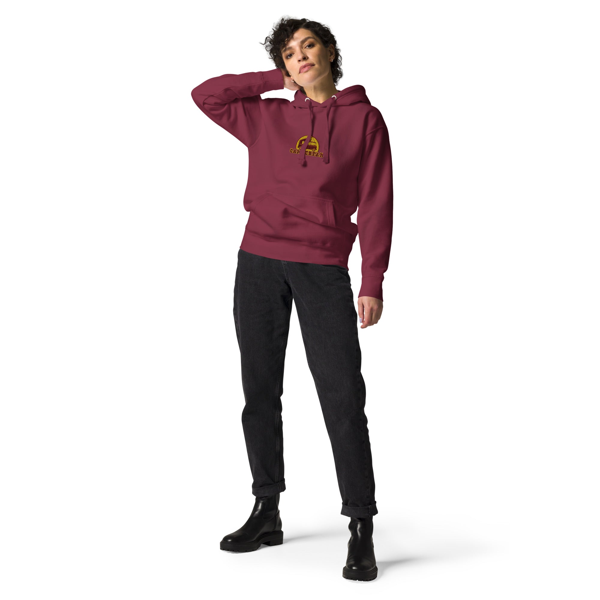 Unisex Cotton Hoodie Camperfan marroon/yellow embroidered pattern
