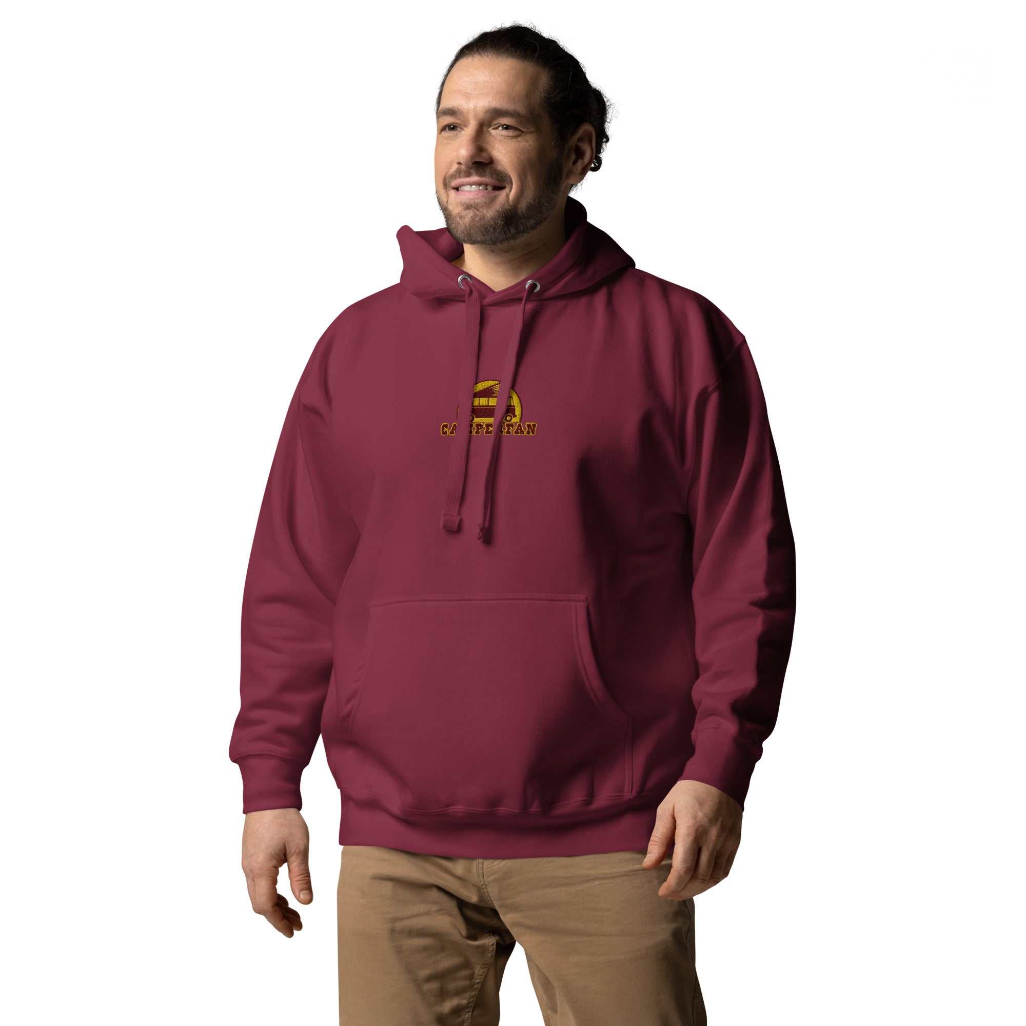 Unisex Cotton Hoodie Camperfan marroon/yellow embroidered pattern