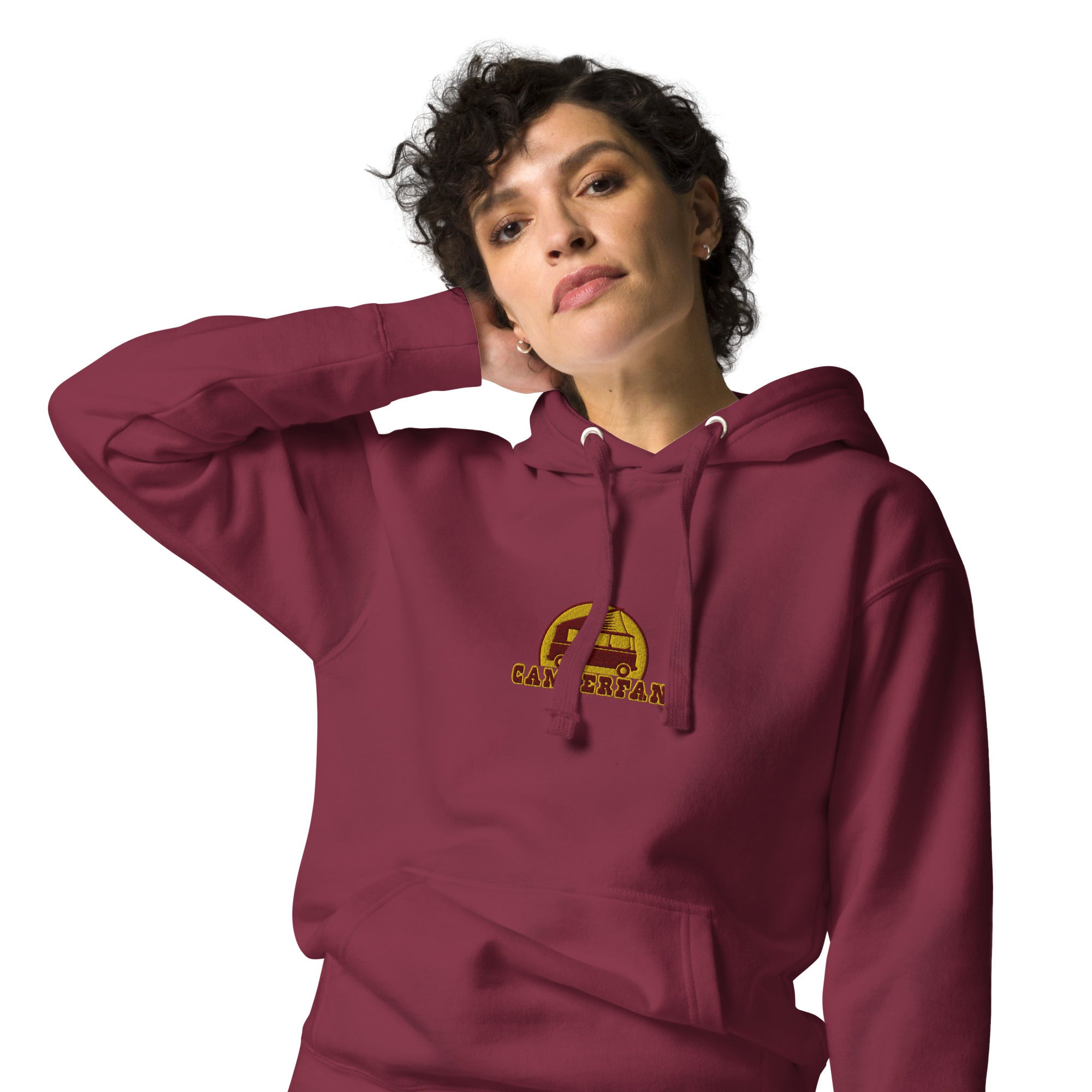 Unisex Cotton Hoodie Camperfan marroon/yellow embroidered pattern
