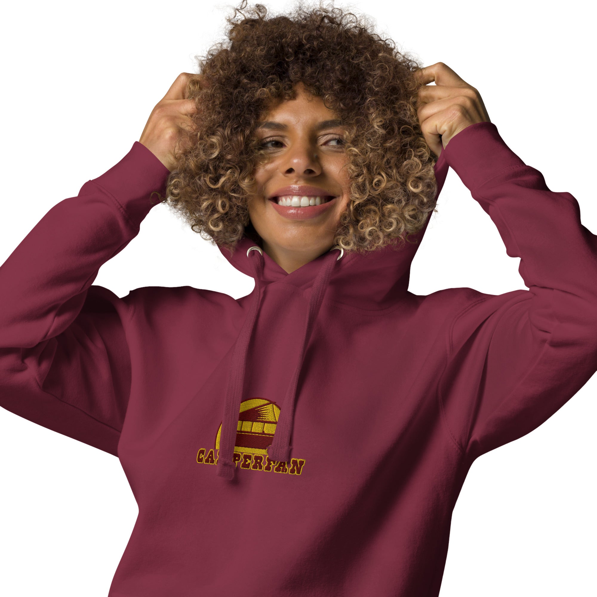 Unisex Cotton Hoodie Camperfan marroon/yellow embroidered pattern