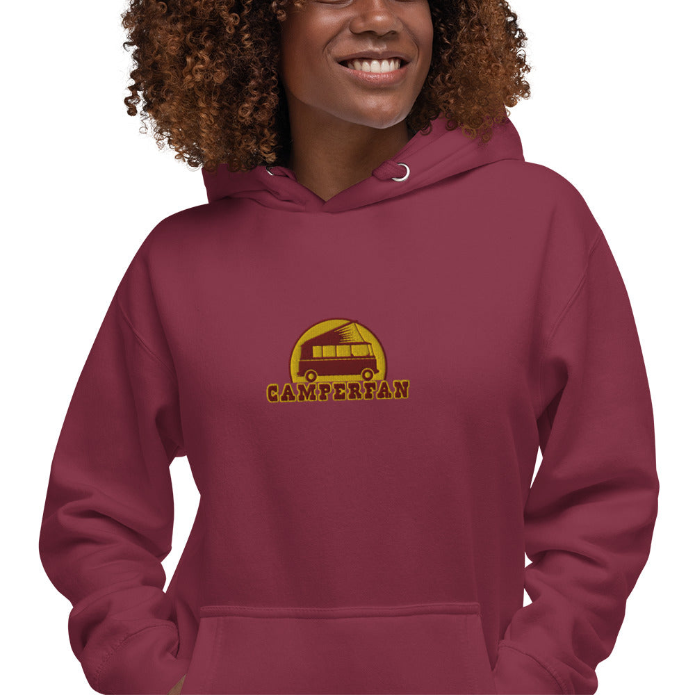 Unisex Cotton Hoodie Camperfan marroon/yellow embroidered pattern