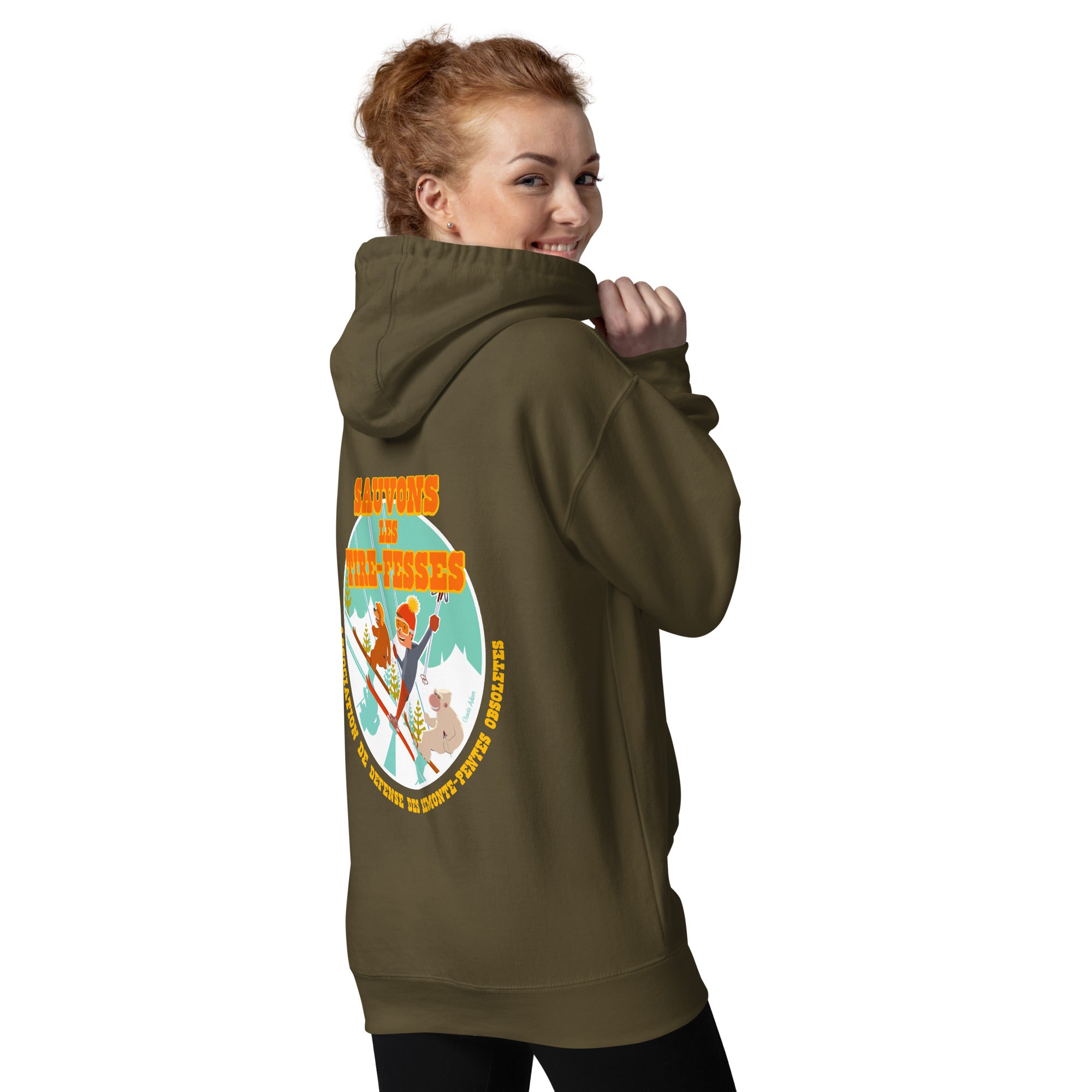 Sweat à capuche unisexe en coton Sauvons les Tires-fesses (face & dos)