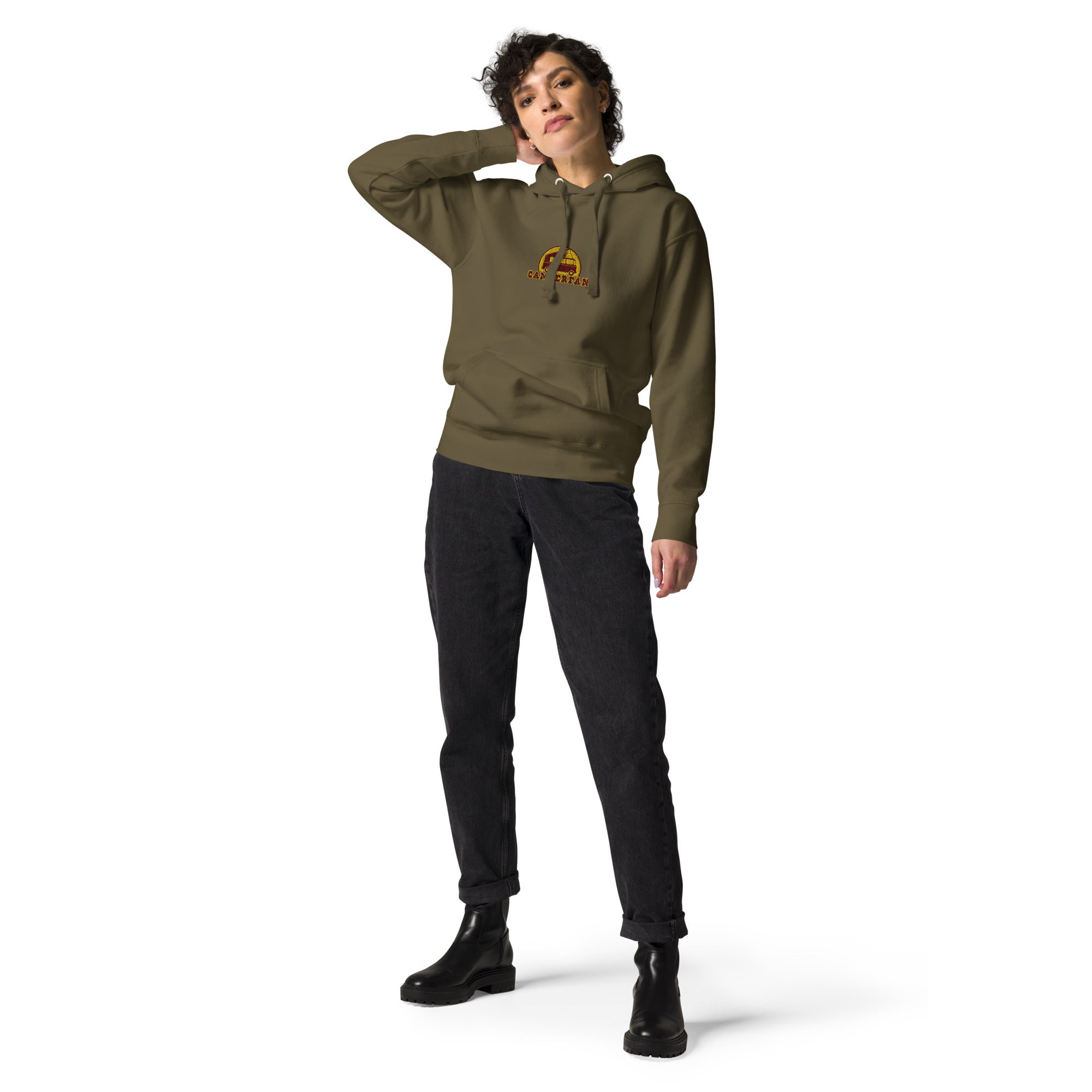 Unisex Cotton Hoodie Camperfan marroon/yellow embroidered pattern