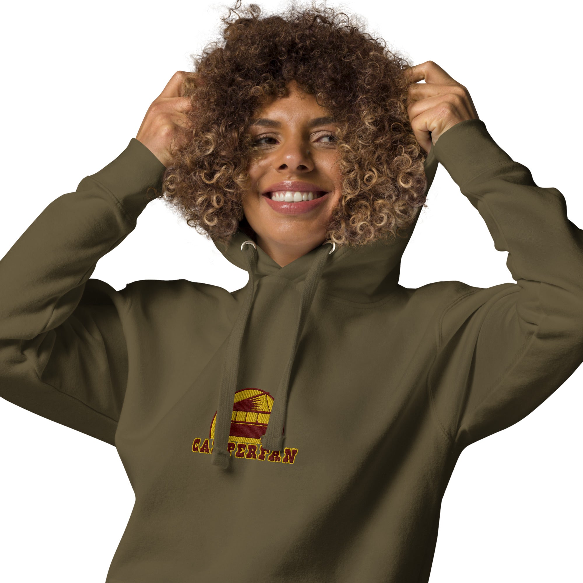 Unisex Cotton Hoodie Camperfan marroon/yellow embroidered pattern