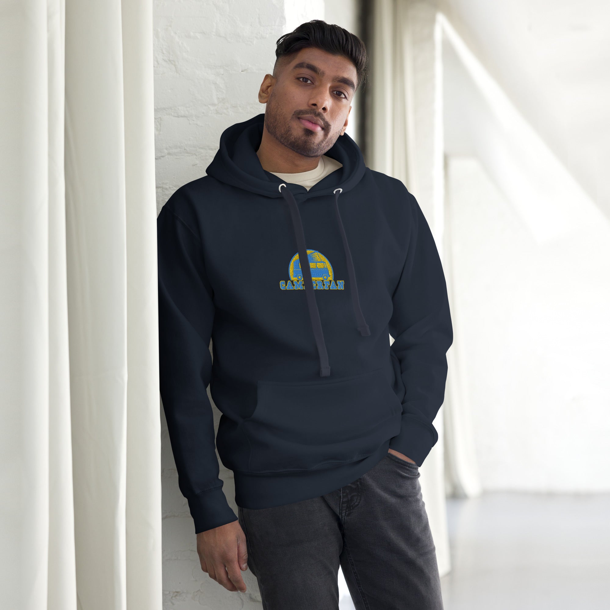 Unisex Cotton Hoodie Camperfan aqua/gold embroidered pattern