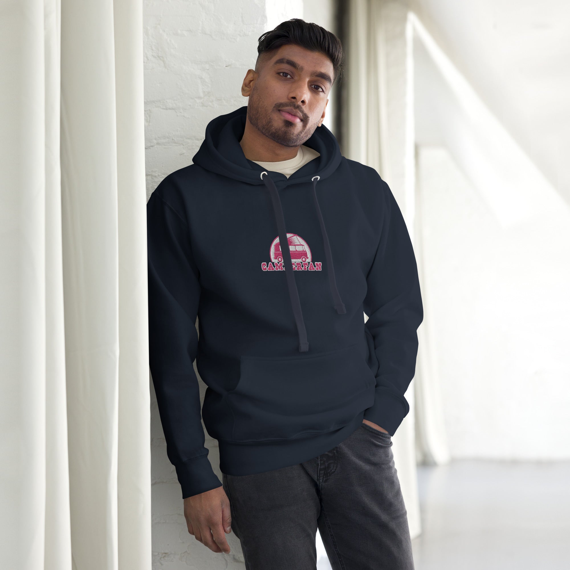 Unisex Cotton Hoodie Camperfan flamingo/white embroidered pattern