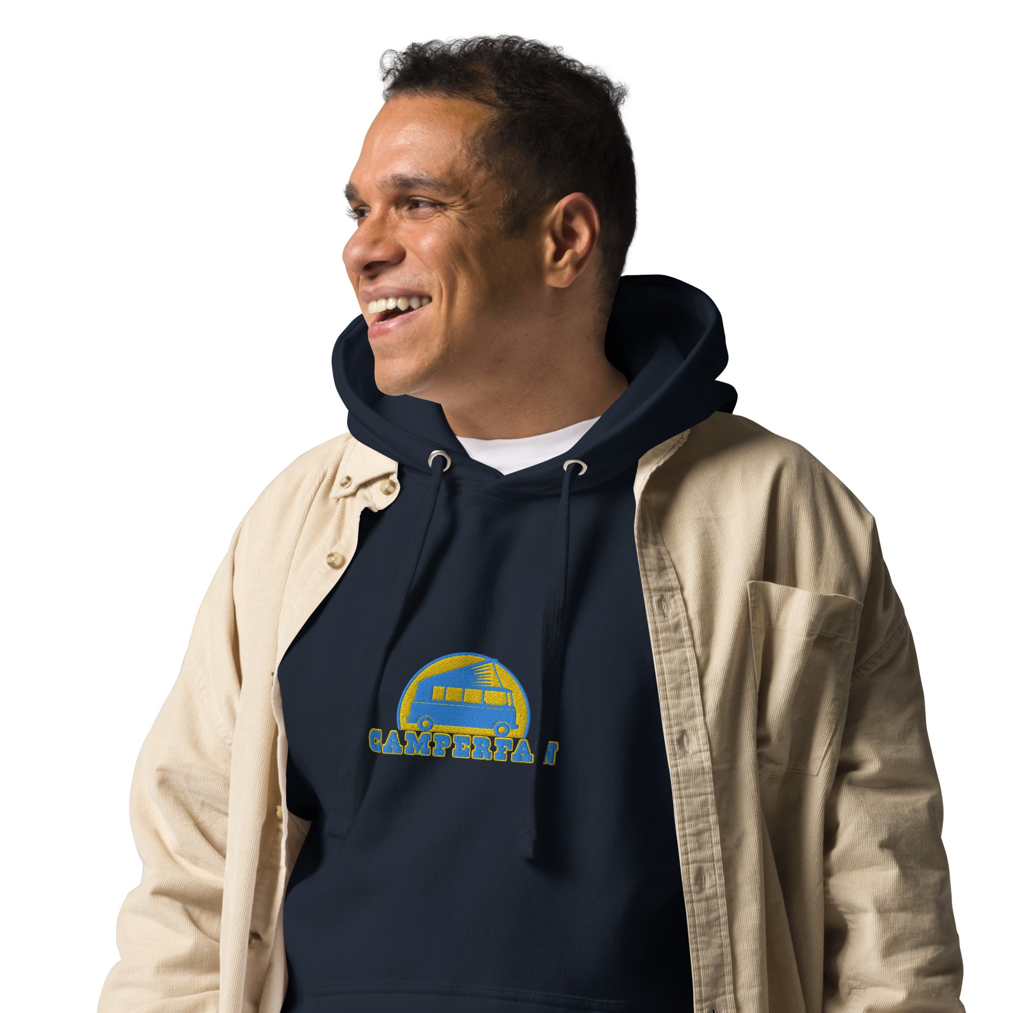 Unisex Cotton Hoodie Camperfan aqua/gold embroidered pattern