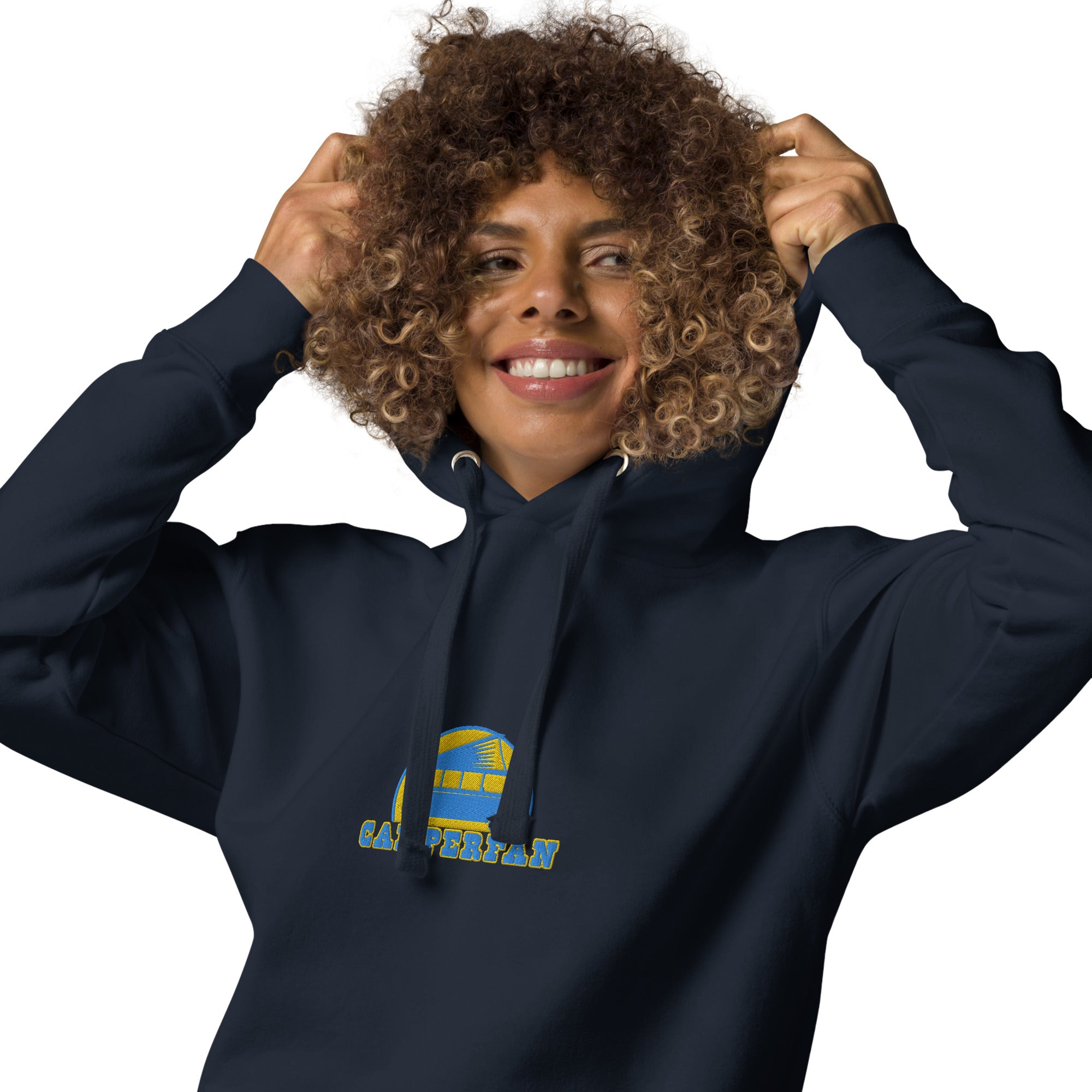 Unisex Cotton Hoodie Camperfan aqua/gold embroidered pattern