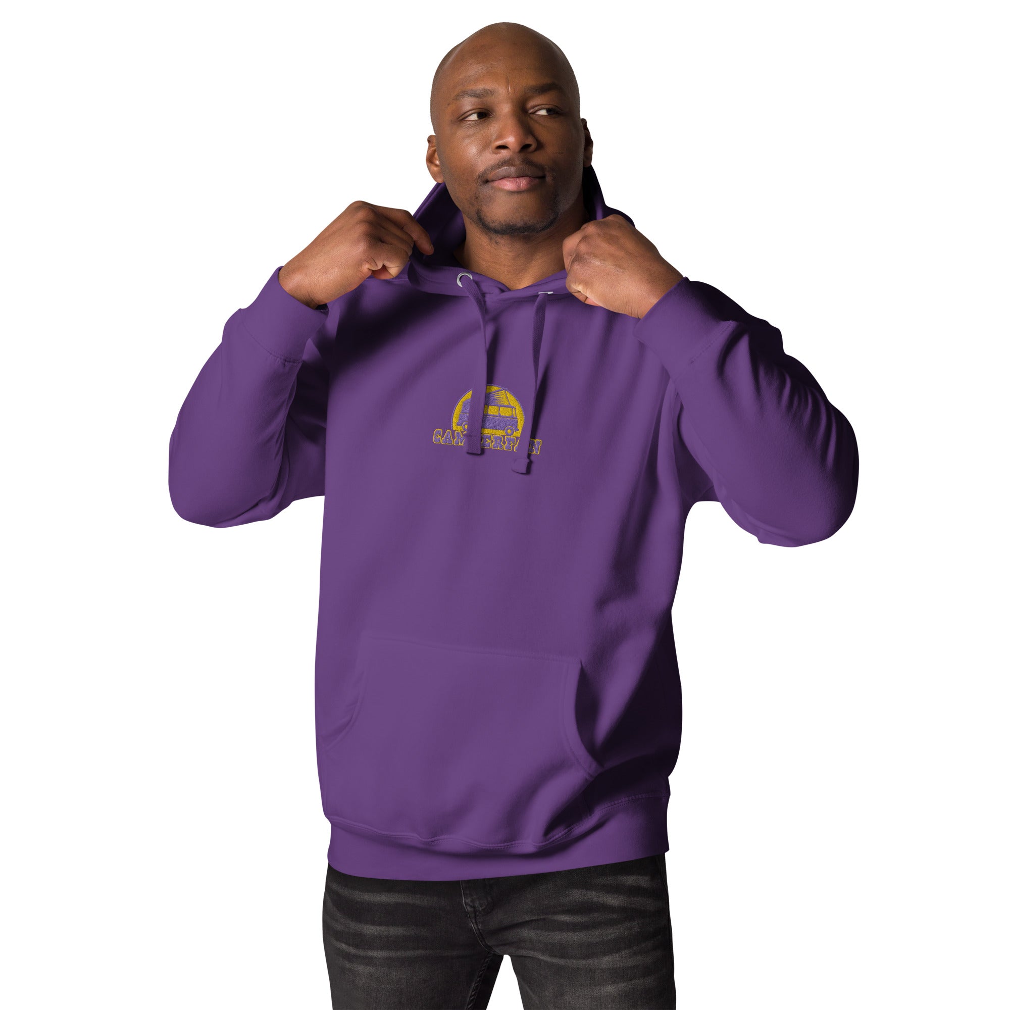 Unisex Cotton Hoodie Camperfan purple/yellow embroidered pattern