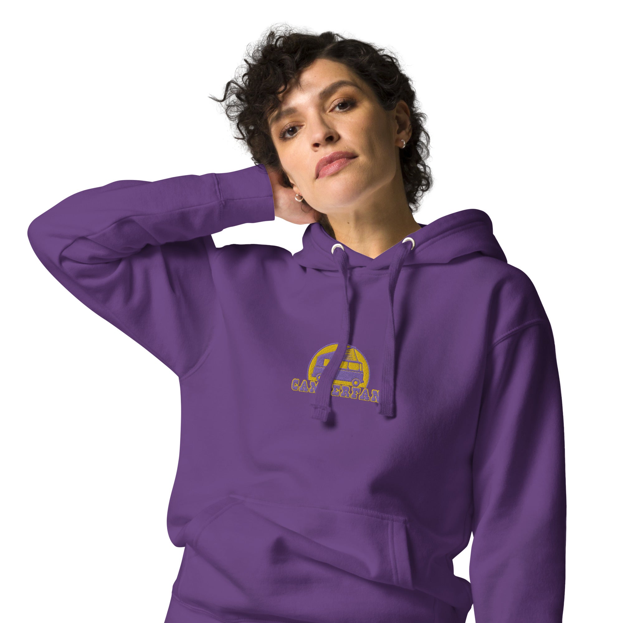 Unisex Cotton Hoodie Camperfan purple/yellow embroidered pattern