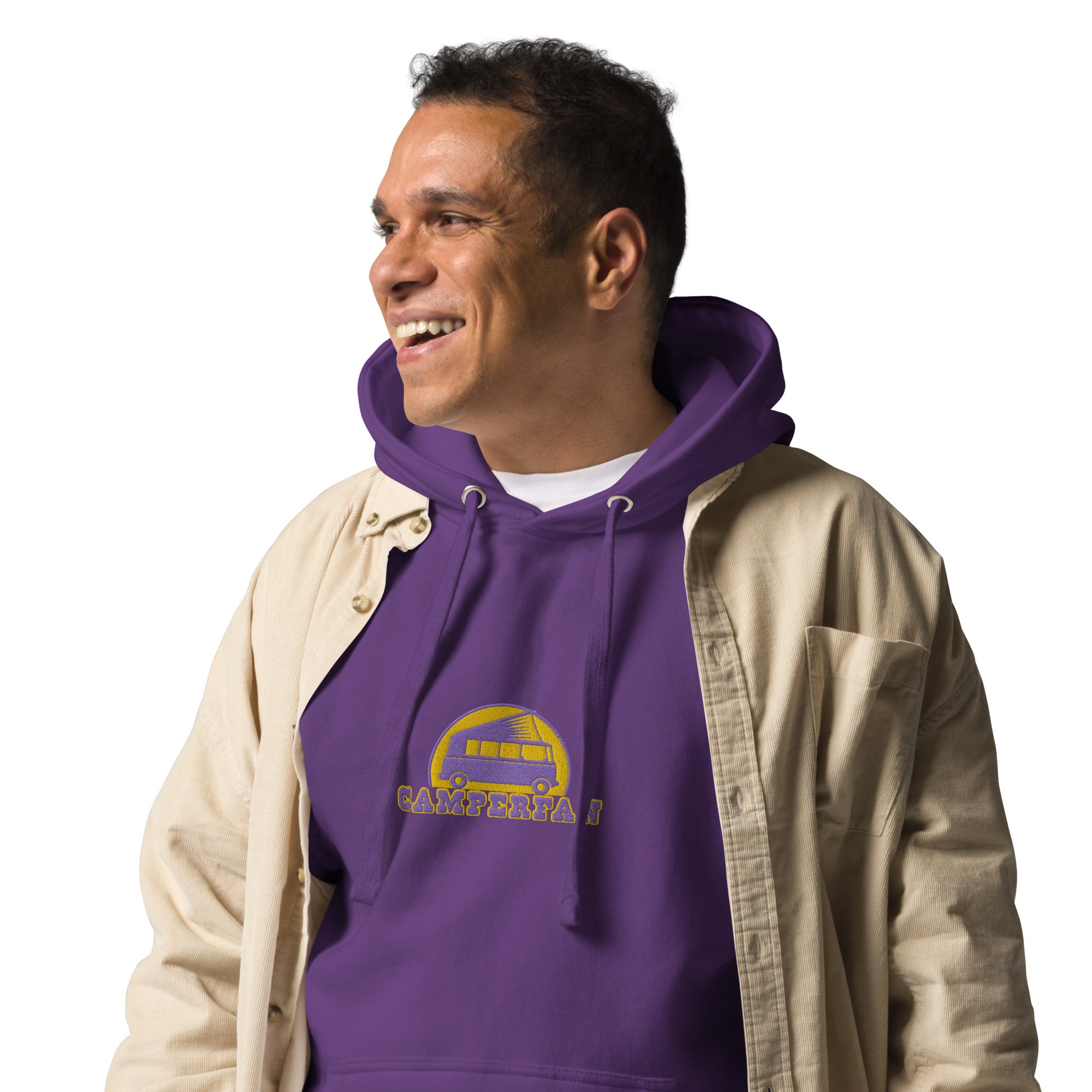 Unisex Cotton Hoodie Camperfan purple/yellow embroidered pattern