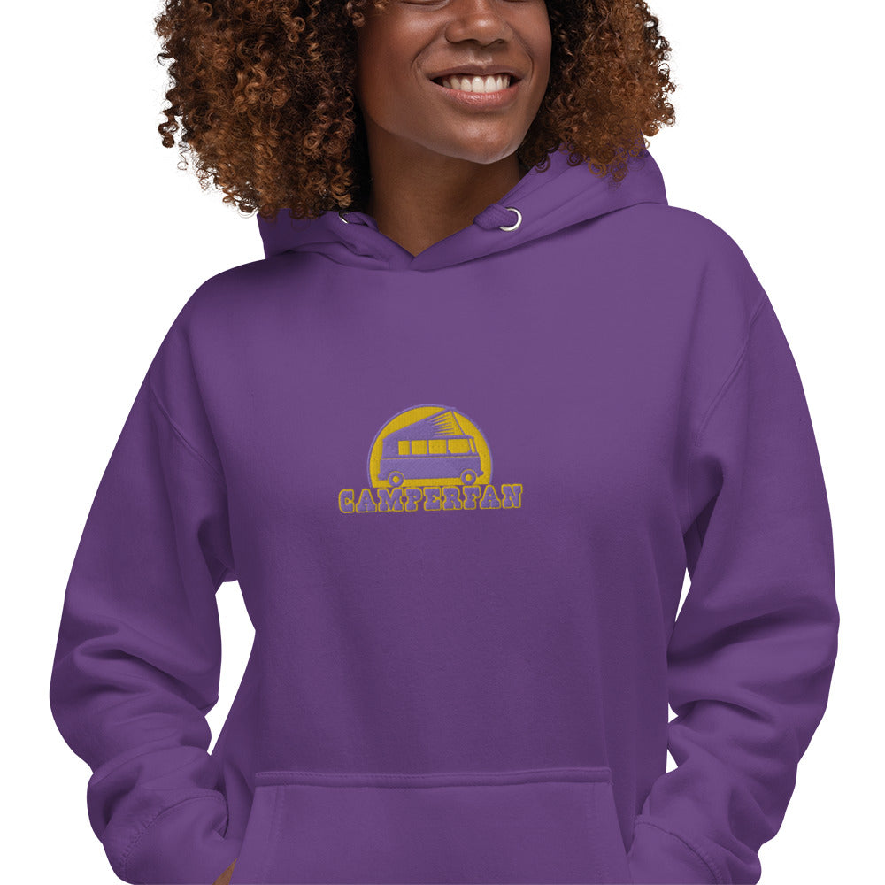 Unisex Cotton Hoodie Camperfan purple/yellow embroidered pattern