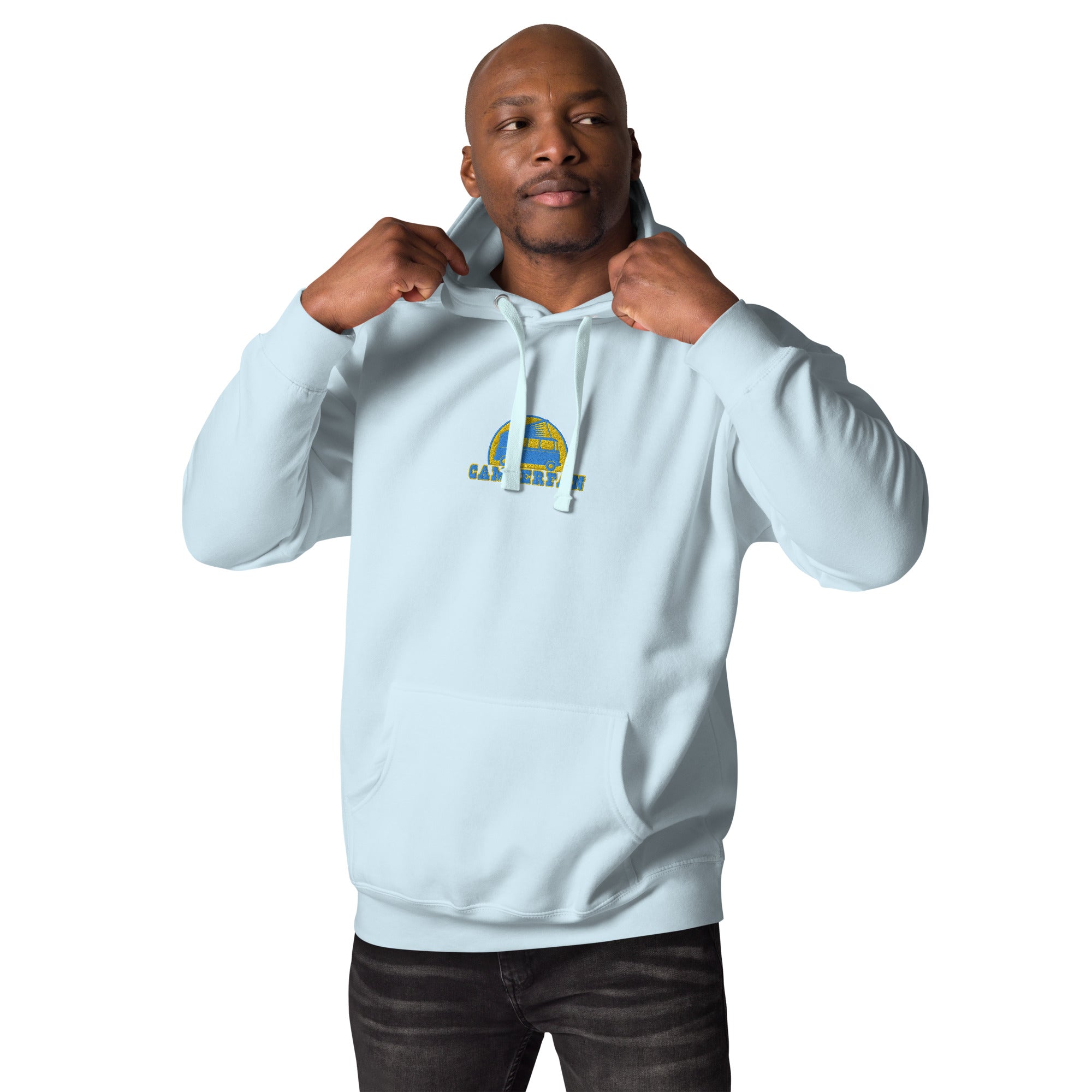 Unisex Cotton Hoodie Camperfan aqua/gold embroidered pattern