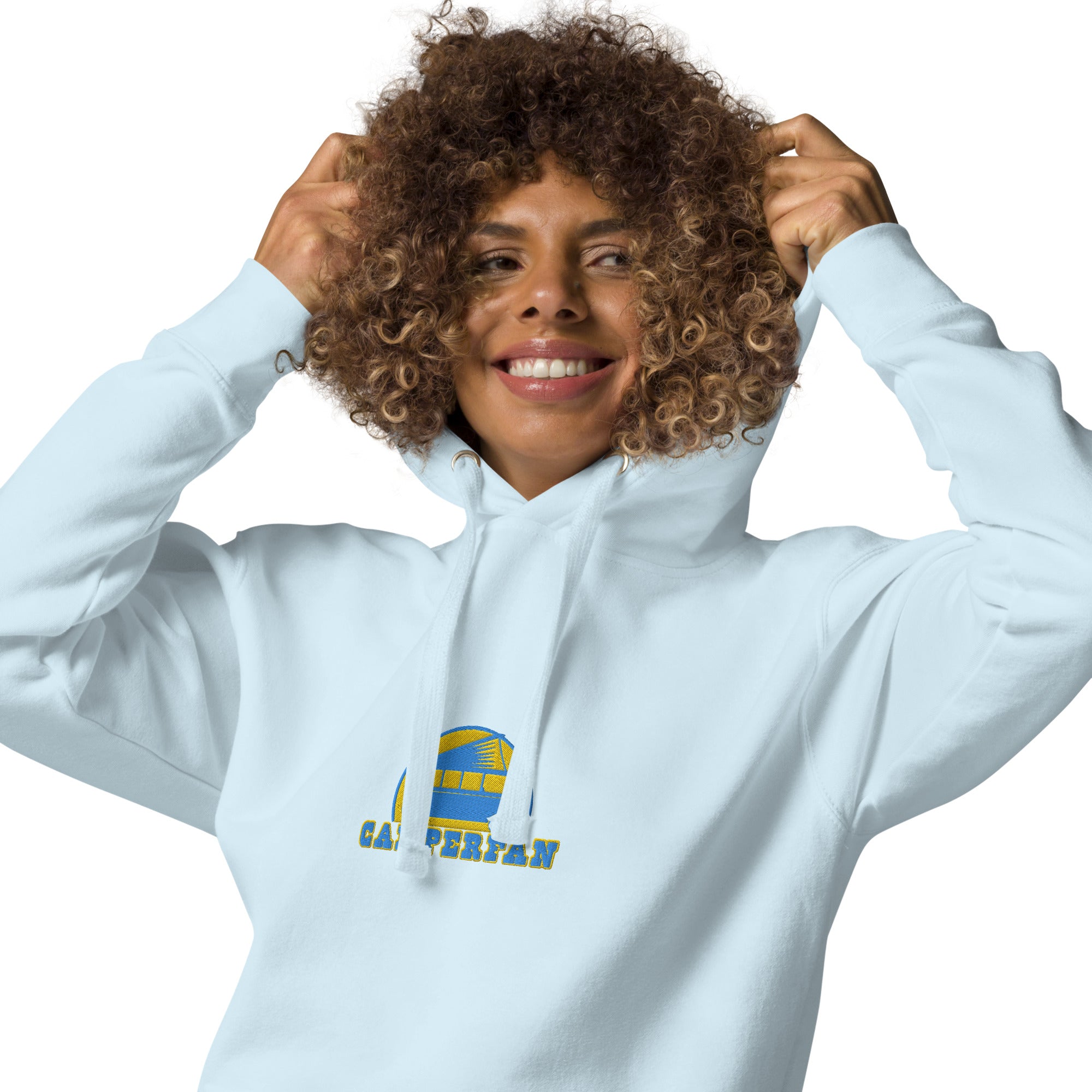 Unisex Cotton Hoodie Camperfan aqua/gold embroidered pattern
