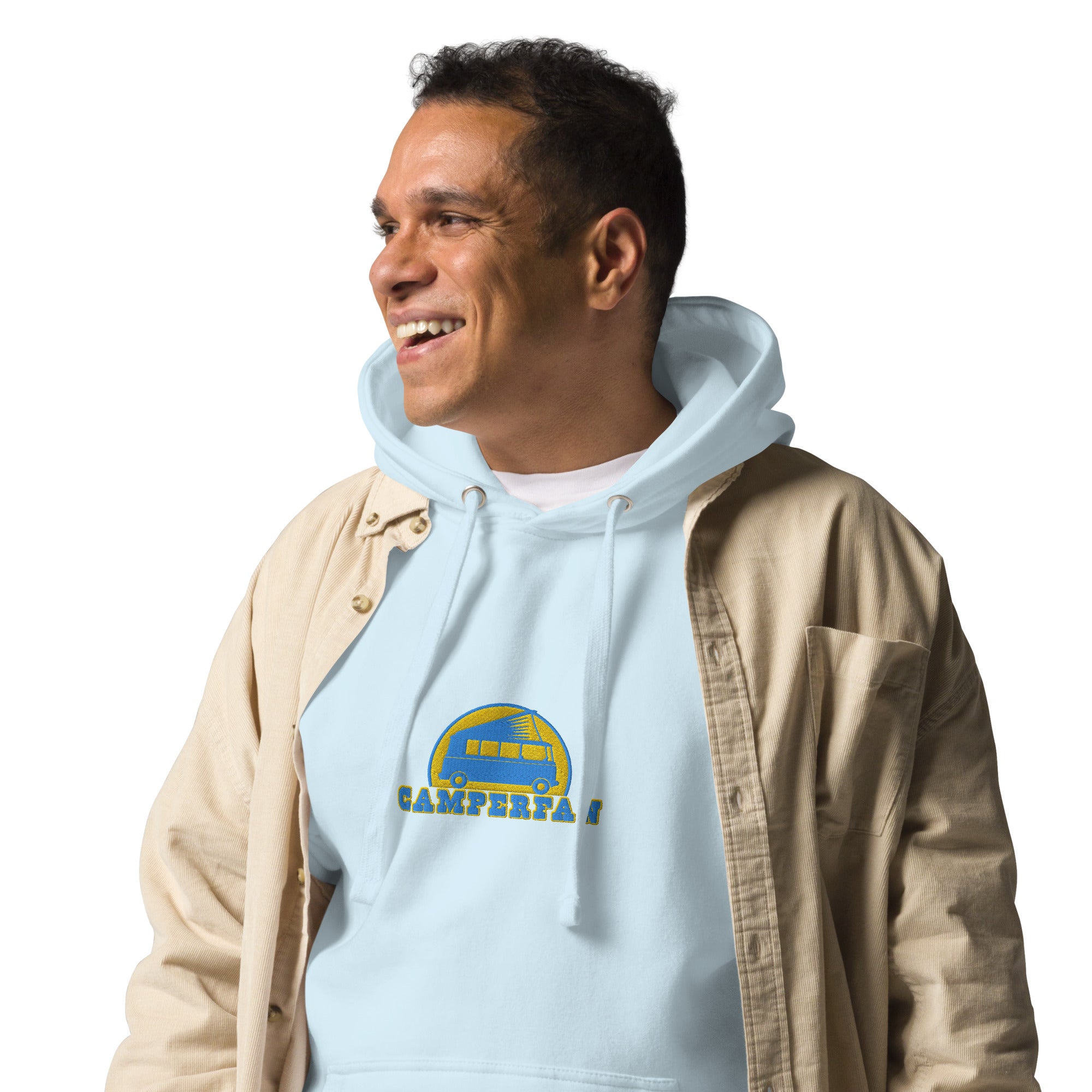 Unisex Cotton Hoodie Camperfan aqua/gold embroidered pattern