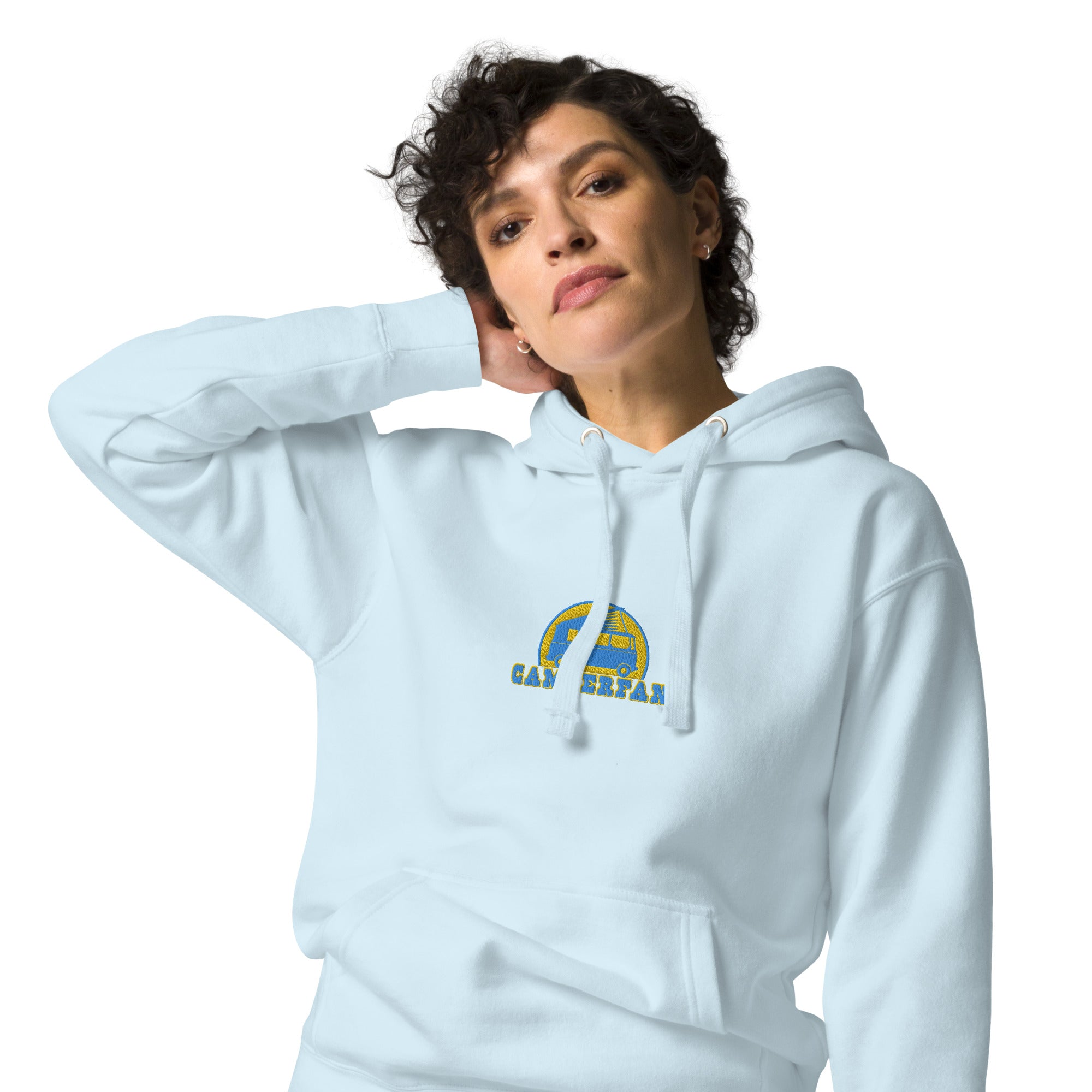 Unisex Cotton Hoodie Camperfan aqua/gold embroidered pattern