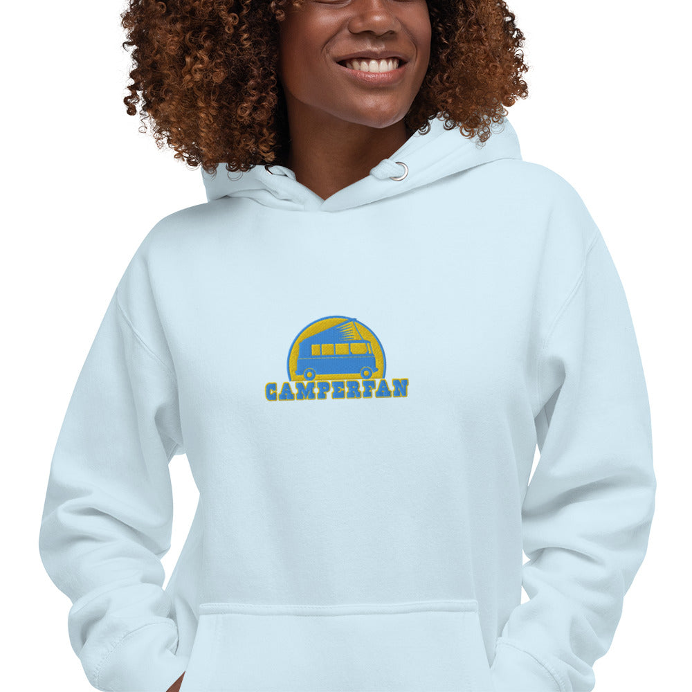 Unisex Cotton Hoodie Camperfan aqua/gold embroidered pattern