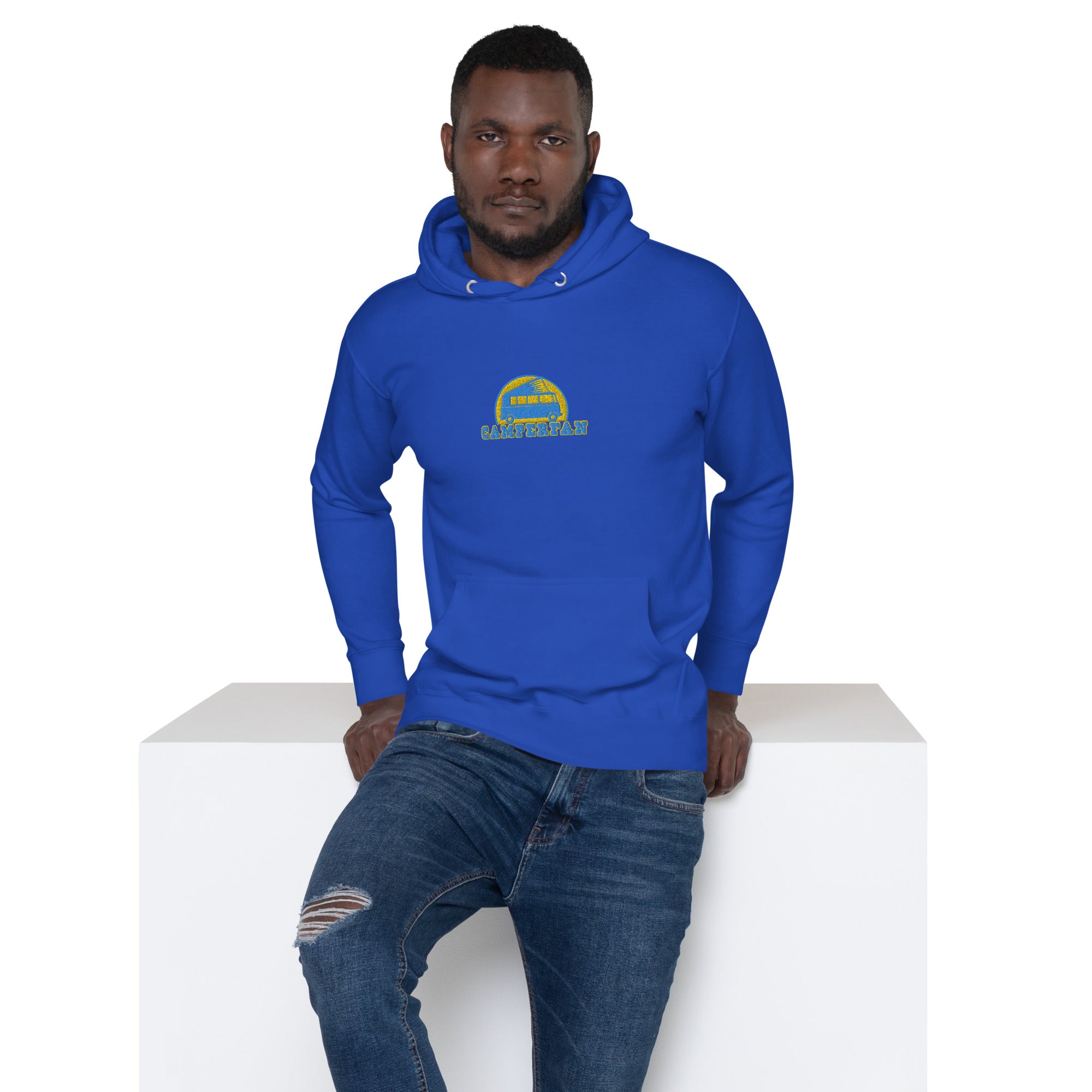 Sweat à capuche unisexe en coton Camperfan aqua/gold brodé