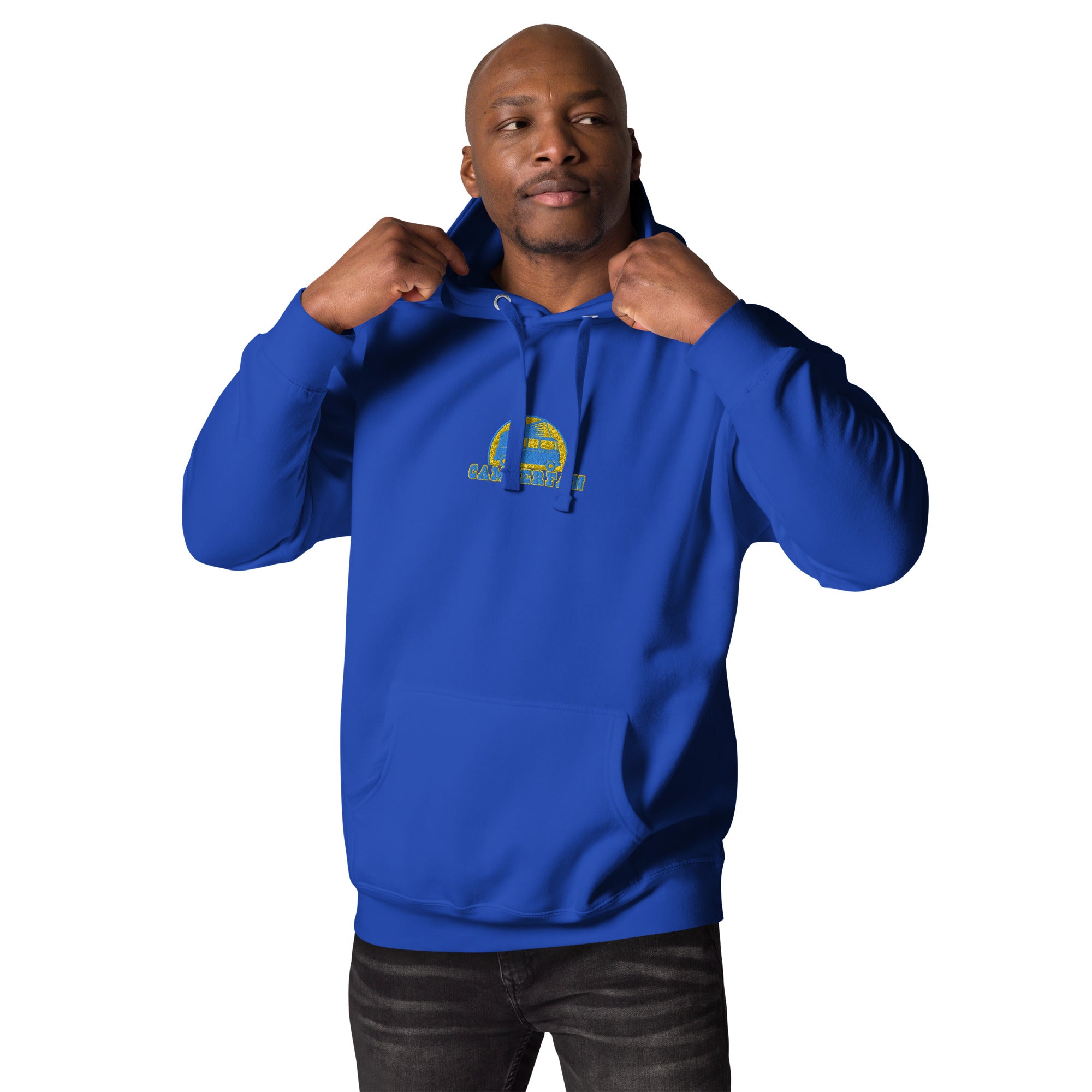 Unisex Cotton Hoodie Camperfan aqua/gold embroidered pattern