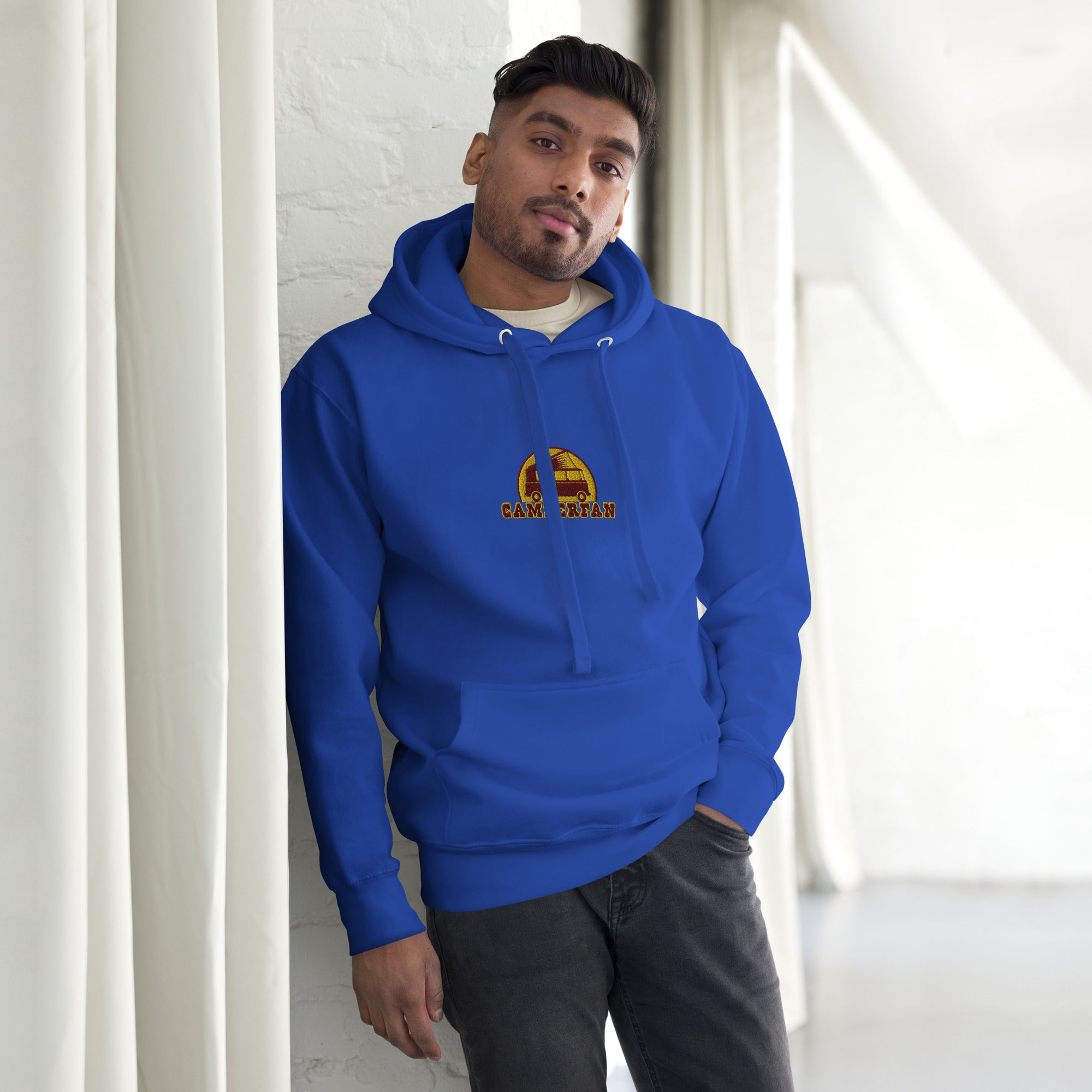 Unisex Cotton Hoodie Camperfan marroon/yellow embroidered pattern