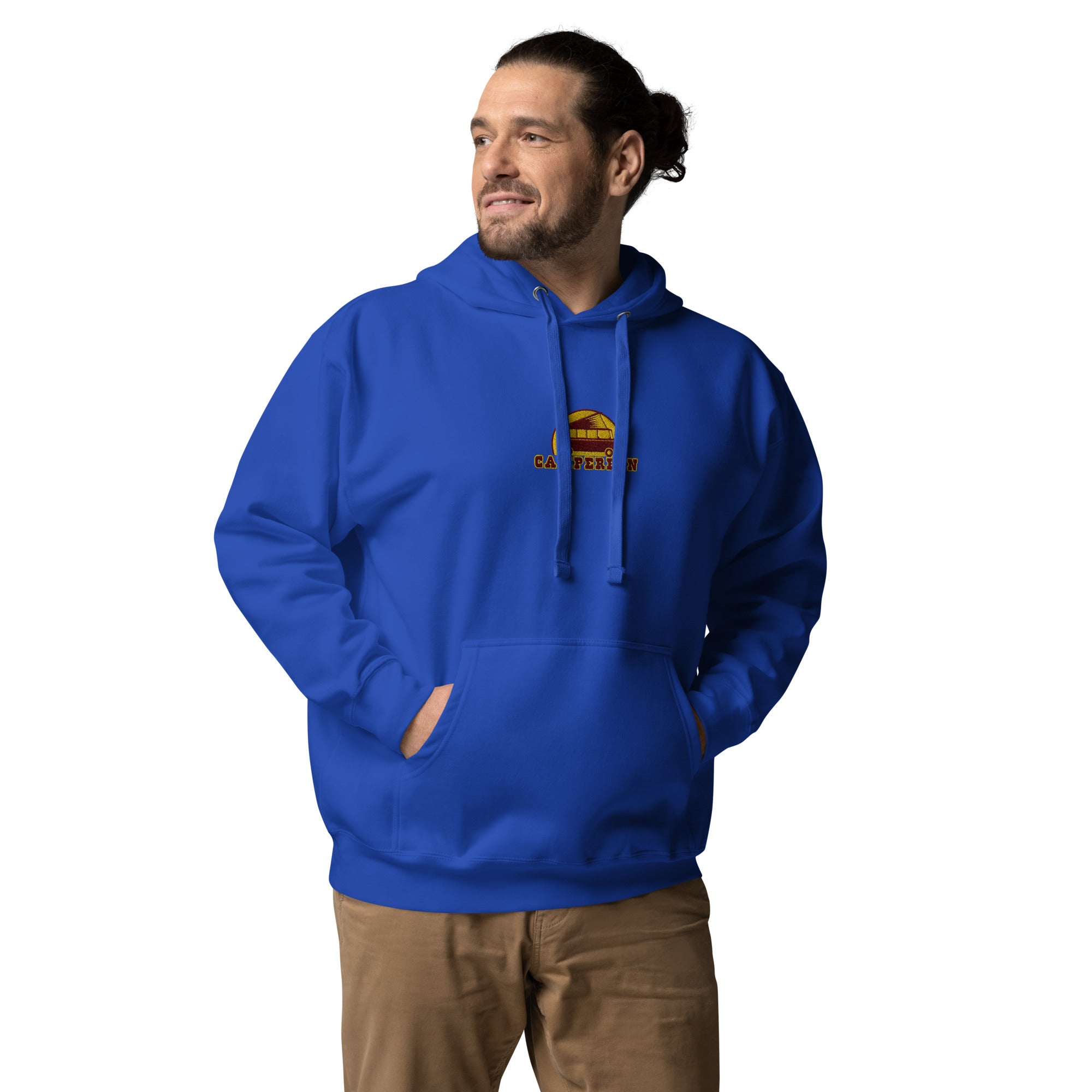 Unisex Cotton Hoodie Camperfan marroon/yellow embroidered pattern