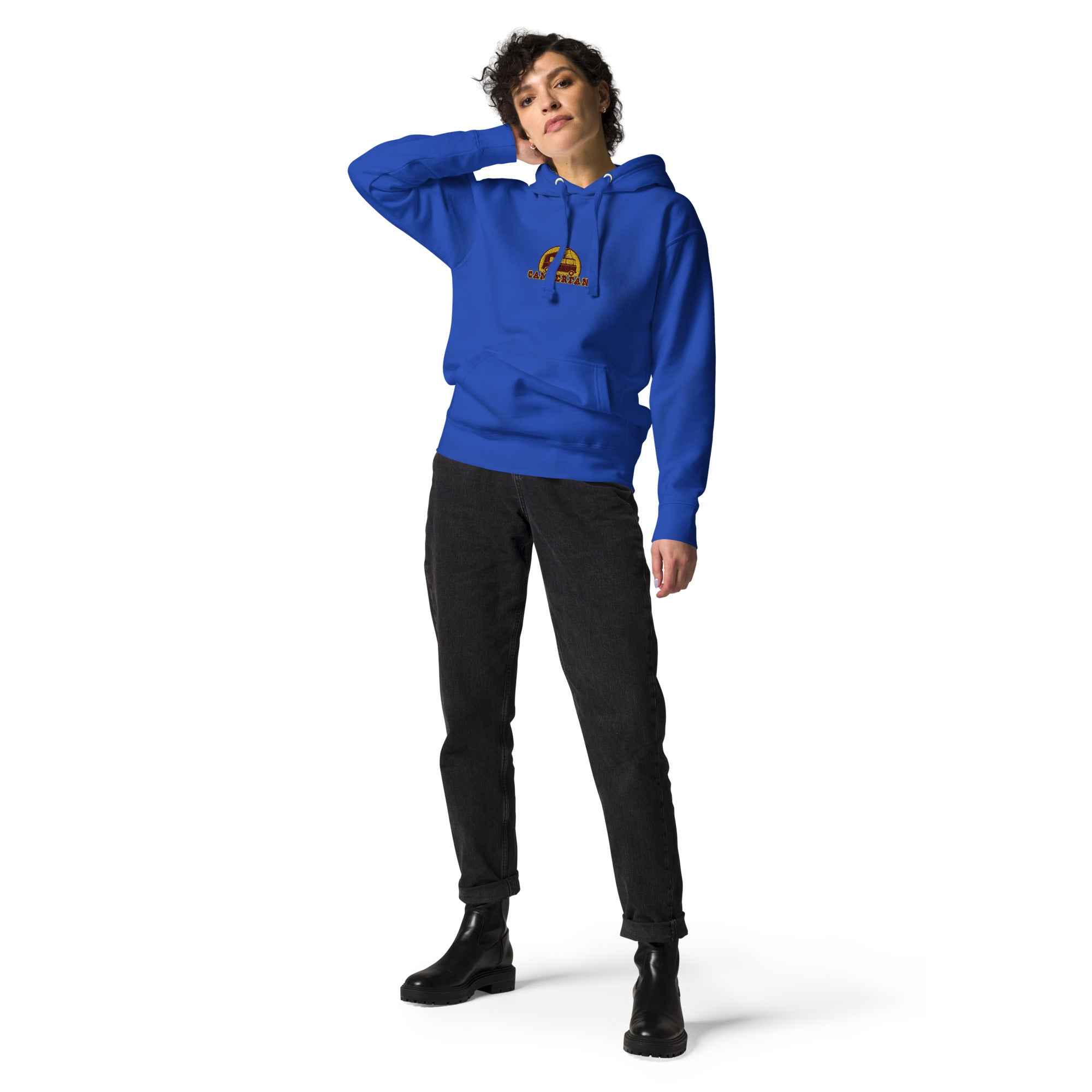 Unisex Cotton Hoodie Camperfan marroon/yellow embroidered pattern