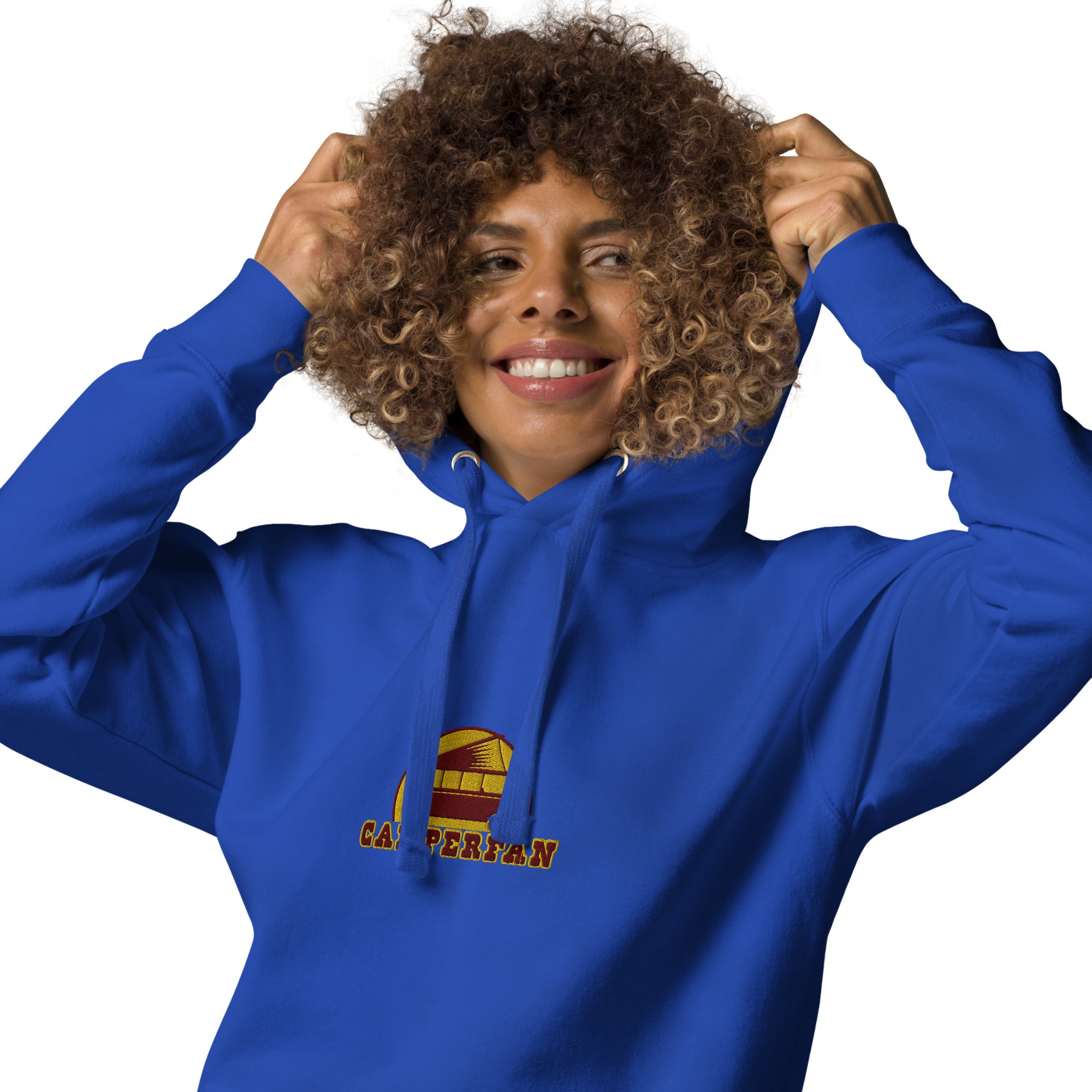 Unisex Cotton Hoodie Camperfan marroon/yellow embroidered pattern