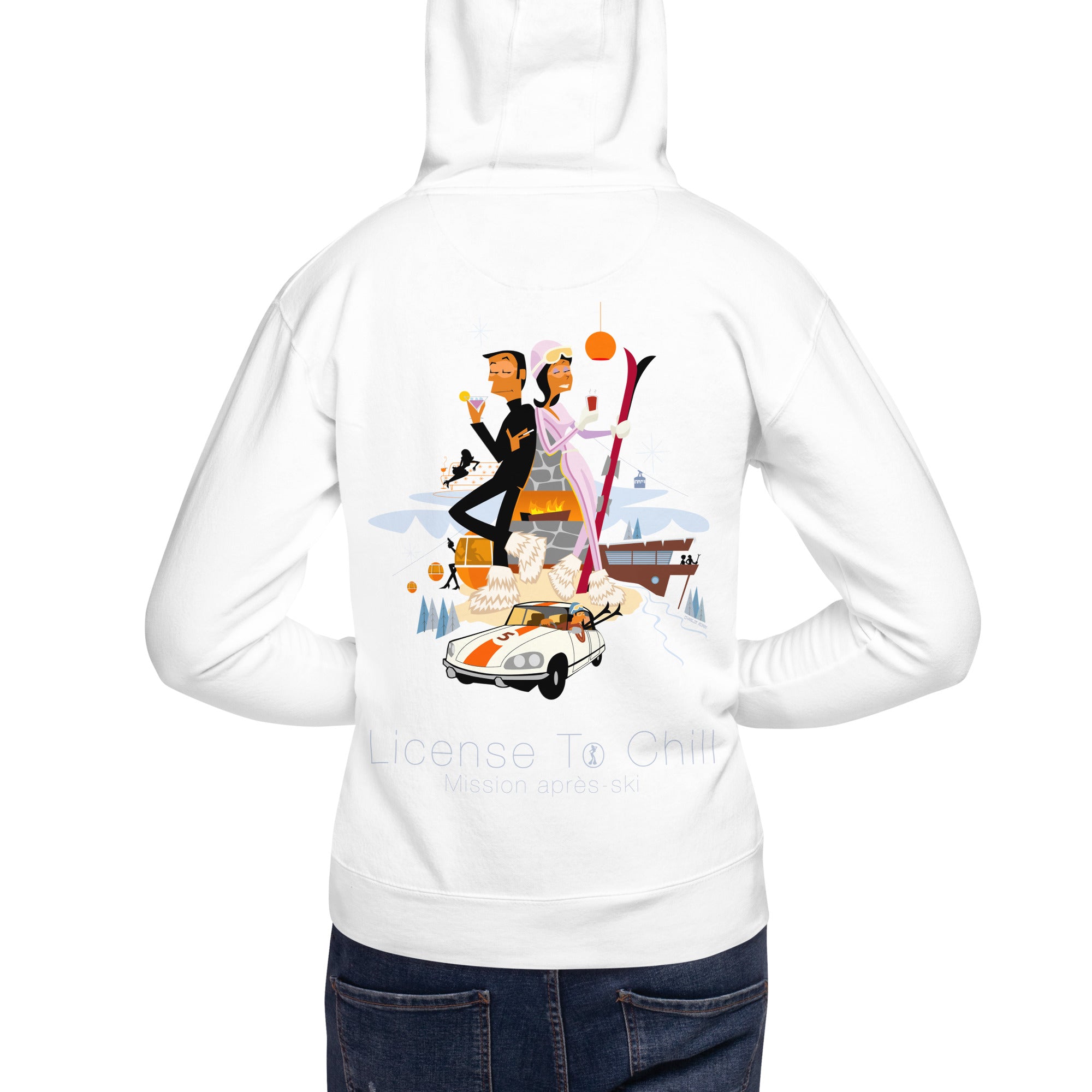 Sweat à capuche unisexe en coton License To Chill Mission Après-Ski (face & dos)