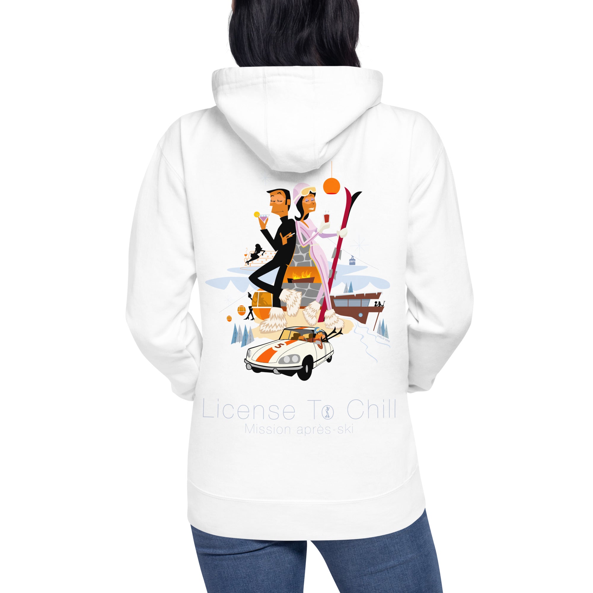 Sweat à capuche unisexe en coton License To Chill Mission Après-Ski (face & dos)