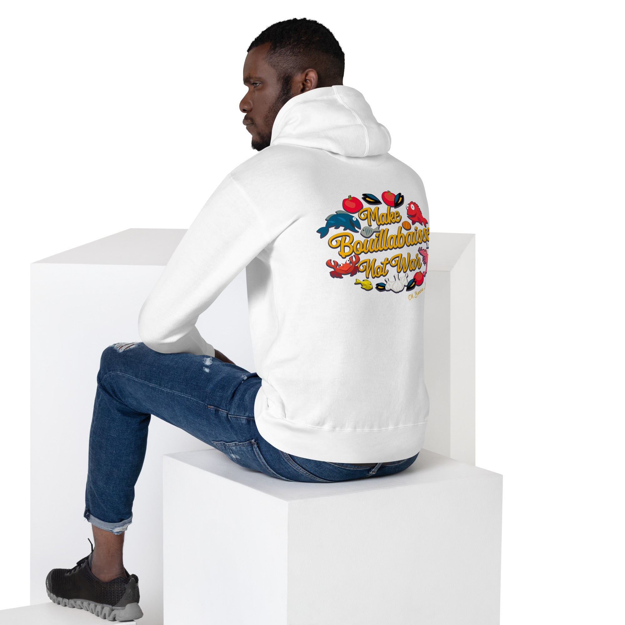 Sweat à capuche unisexe en coton Make Bouillabaisse Not War (face & dos)
