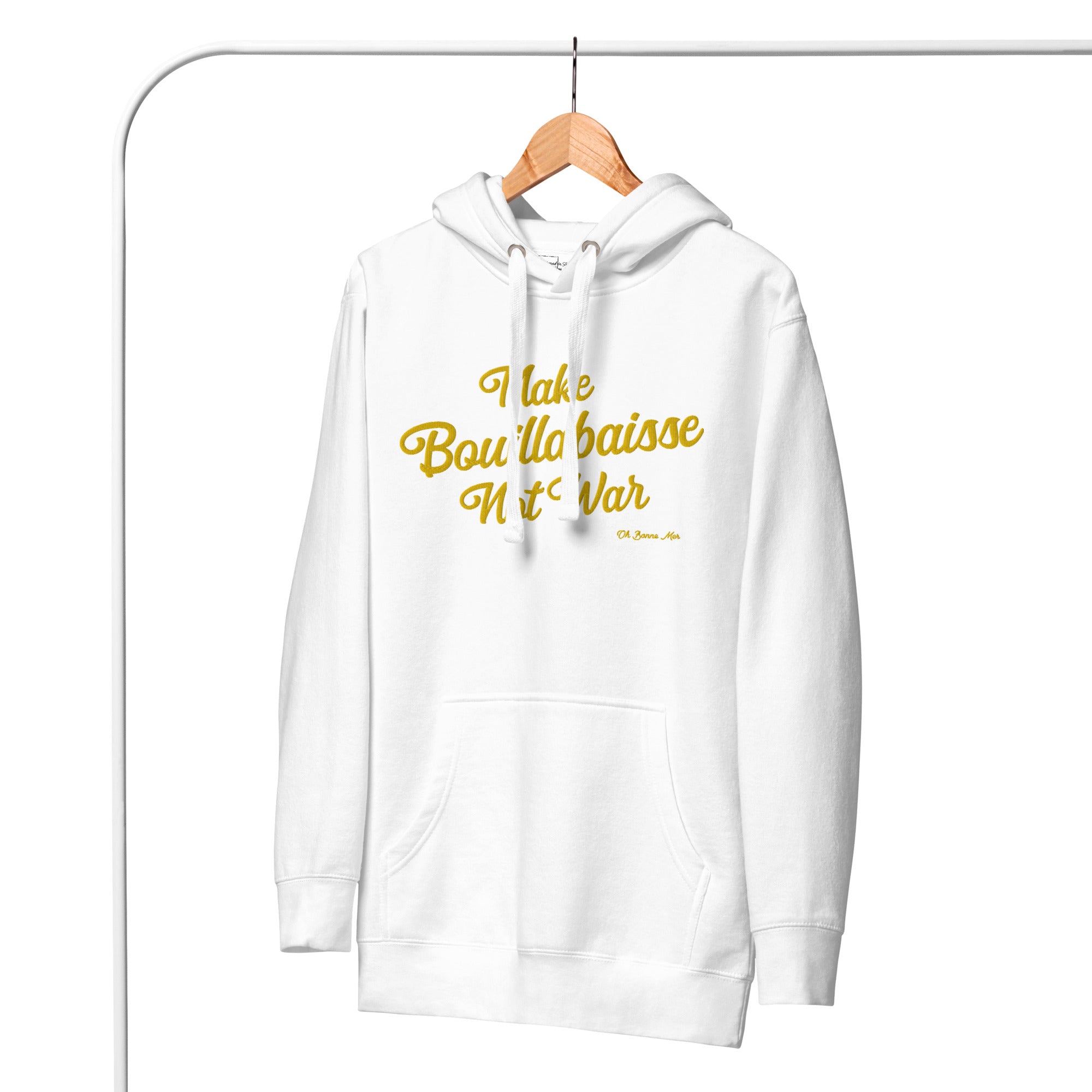 Sweat à capuche unisexe en coton Make Bouillabaisse Not War doré grand motif brodé sur couleurs claires