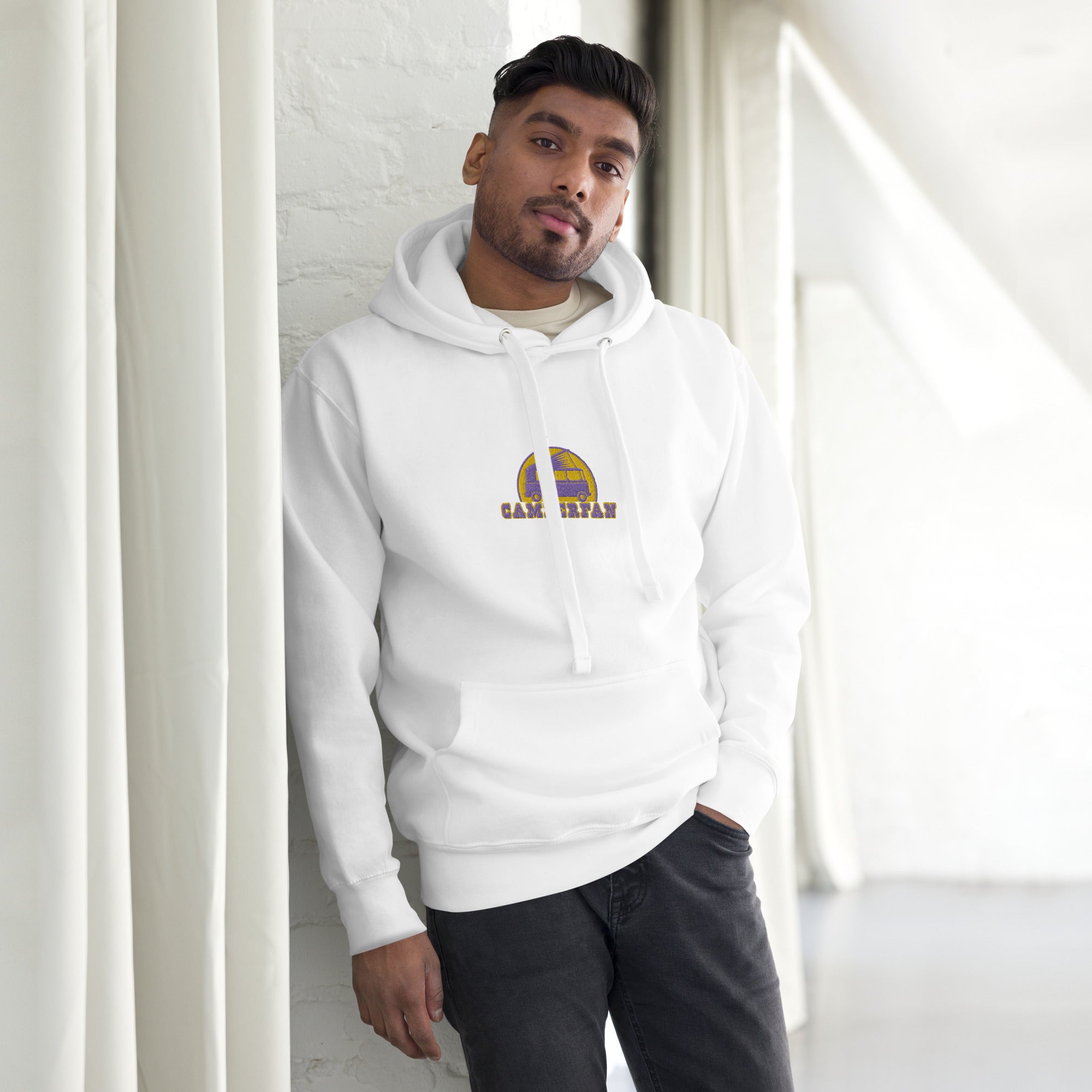 Unisex Cotton Hoodie Camperfan purple/yellow embroidered pattern