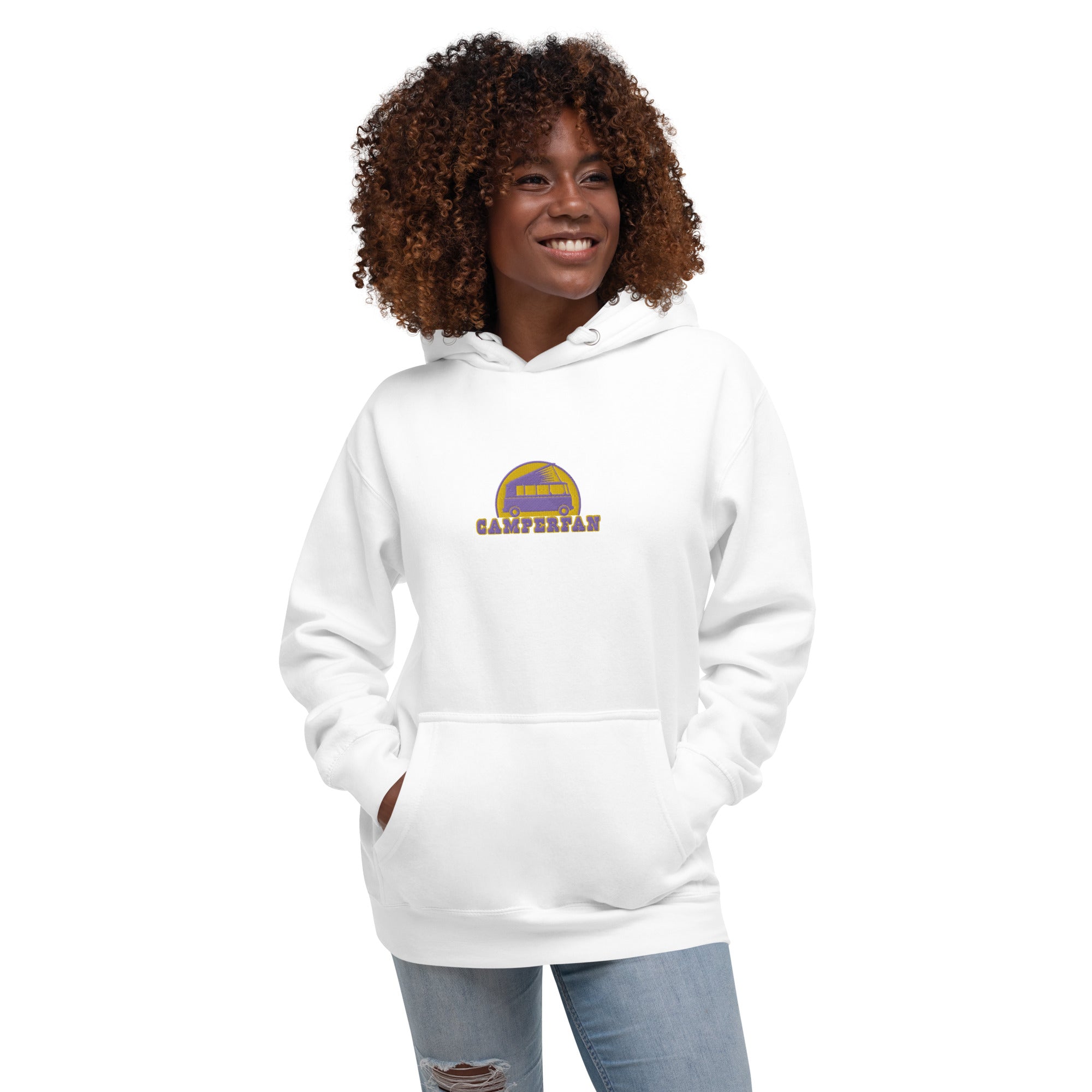 Unisex Cotton Hoodie Camperfan purple/yellow embroidered pattern