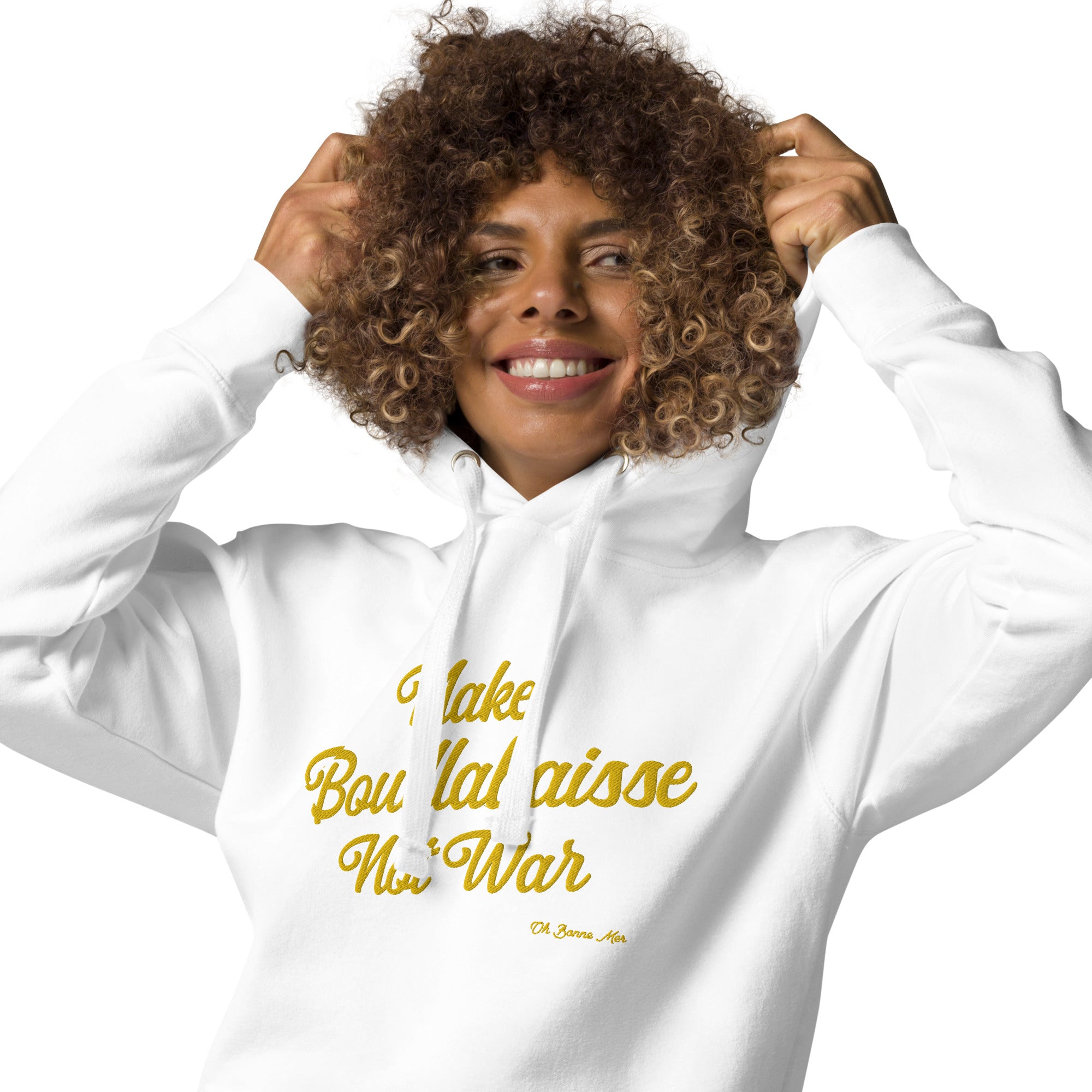 Sweat à capuche unisexe en coton Make Bouillabaisse Not War doré grand motif brodé sur couleurs claires