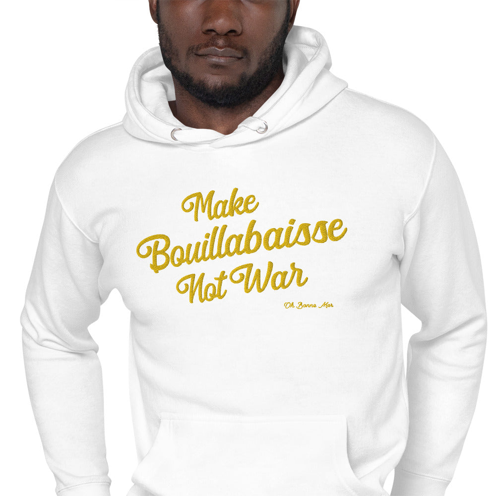 Sweat à capuche unisexe en coton Make Bouillabaisse Not War doré grand motif brodé sur couleurs claires