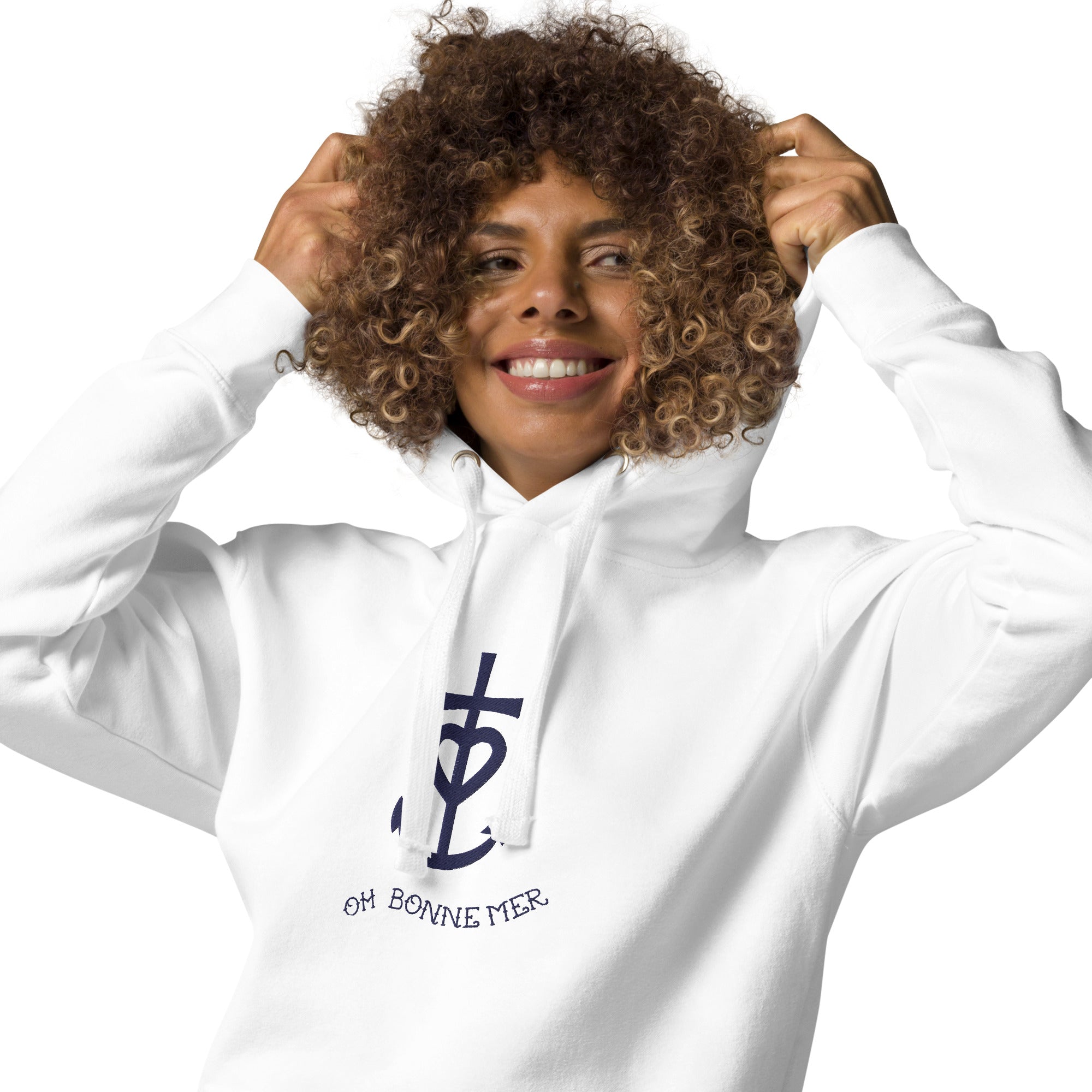 Unisex Cotton Hoodie Croix de Camargue Oh Bonne mer large navy embroidered pattern on light colors