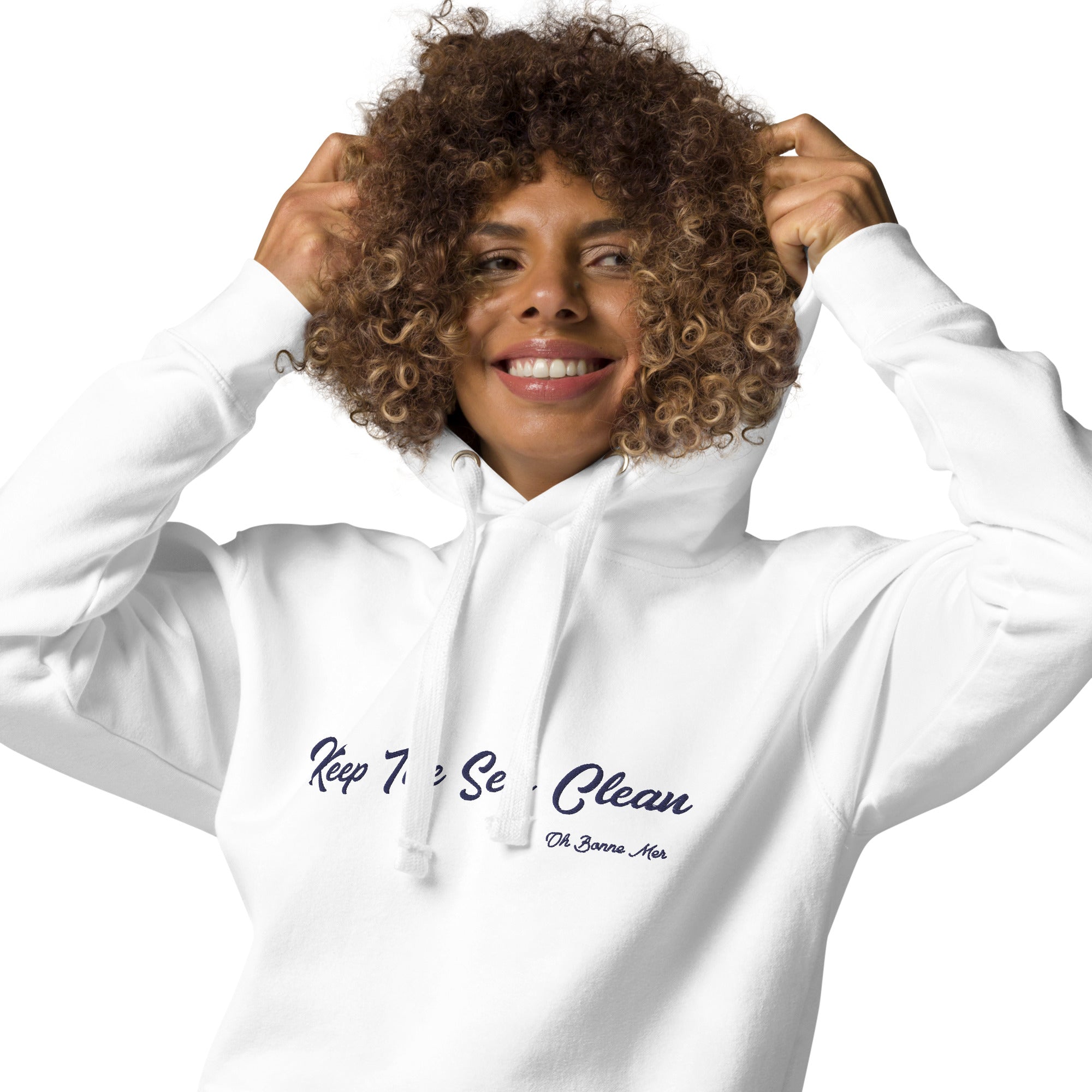 Sweat à capuche unisexe en coton Keep The Sea Clean grand motif brodé navy