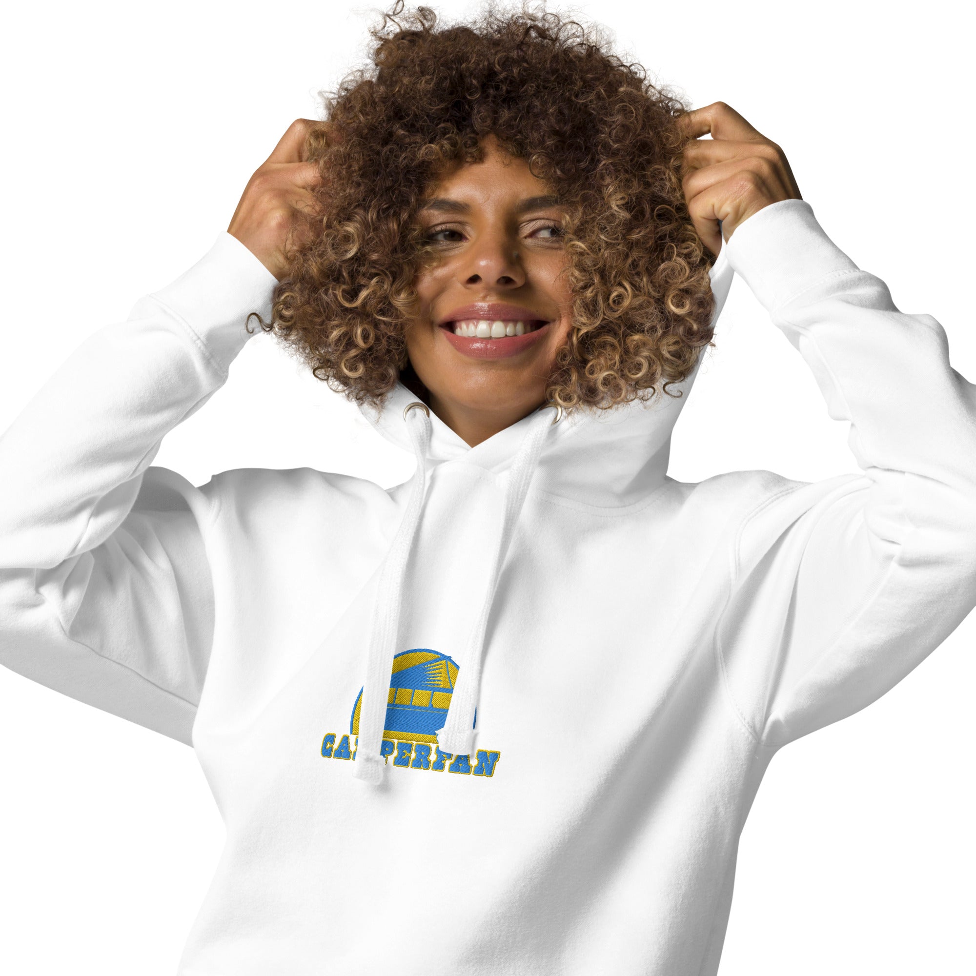 Unisex Cotton Hoodie Camperfan aqua/gold embroidered pattern
