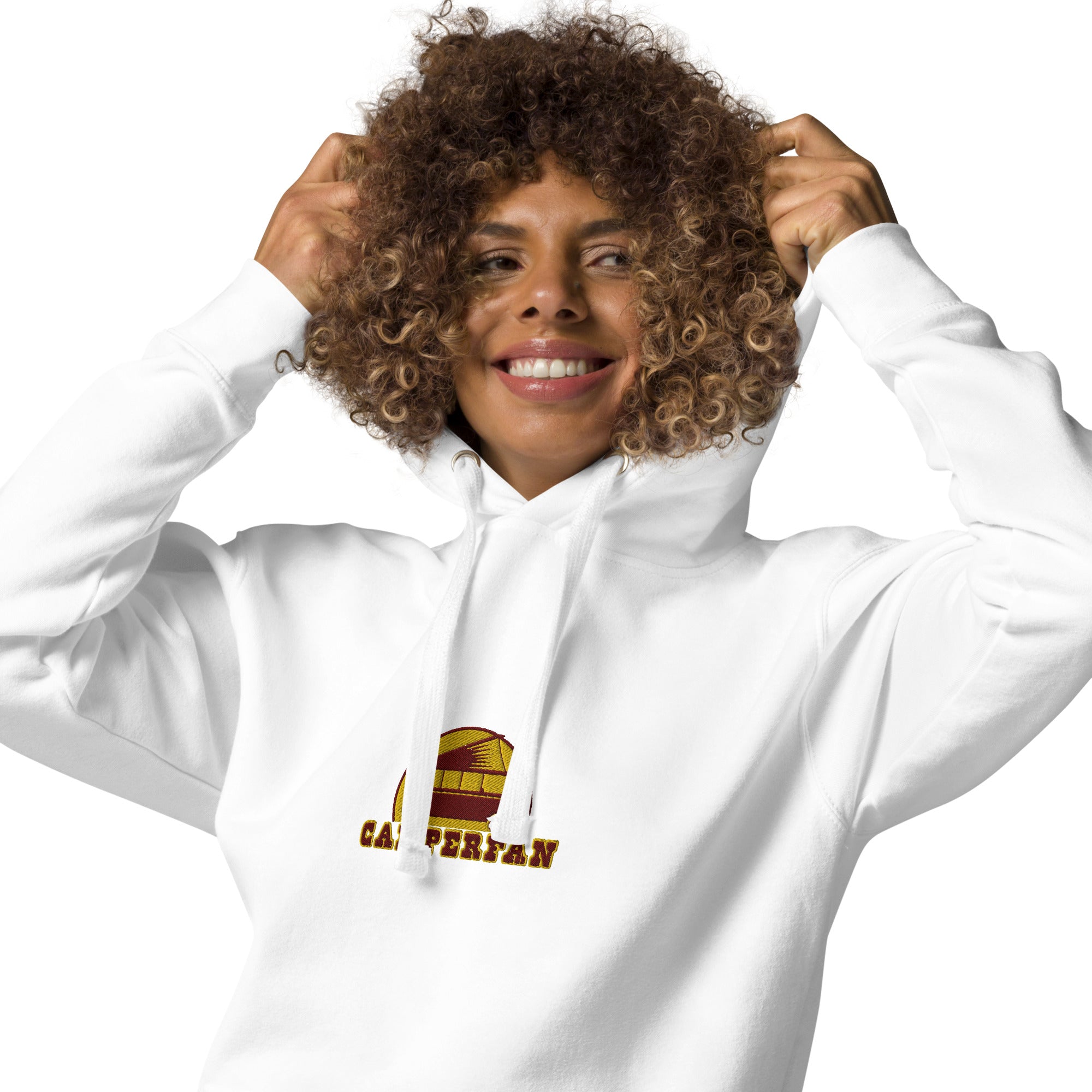 Unisex Cotton Hoodie Camperfan marroon/yellow embroidered pattern