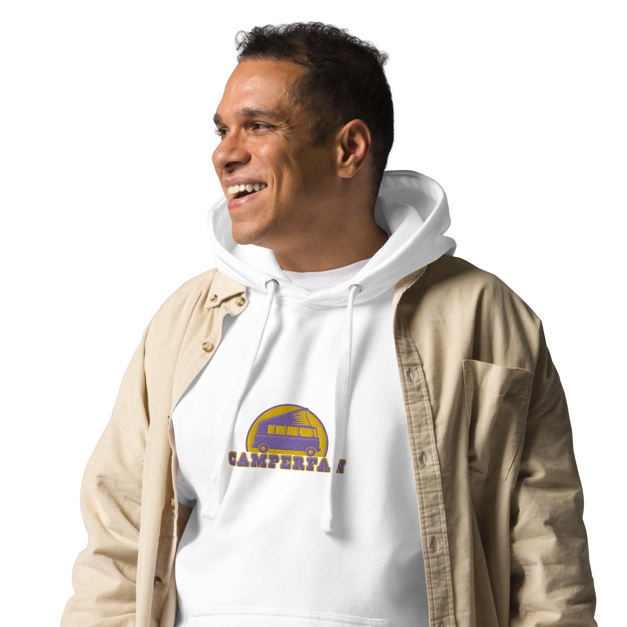 Unisex Cotton Hoodie Camperfan purple/yellow embroidered pattern