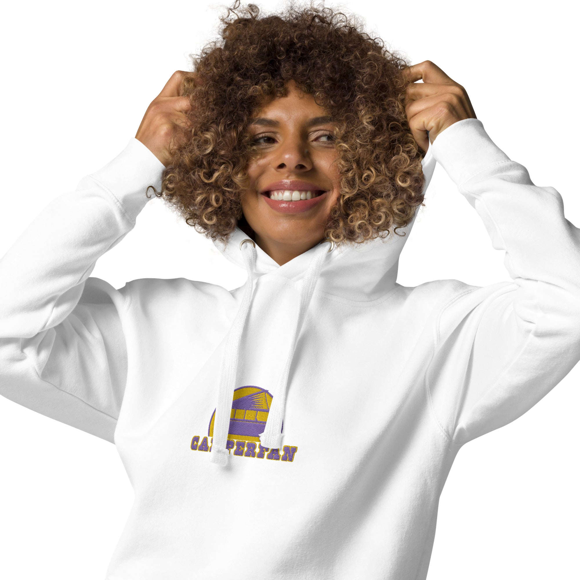 Unisex Cotton Hoodie Camperfan purple/yellow embroidered pattern