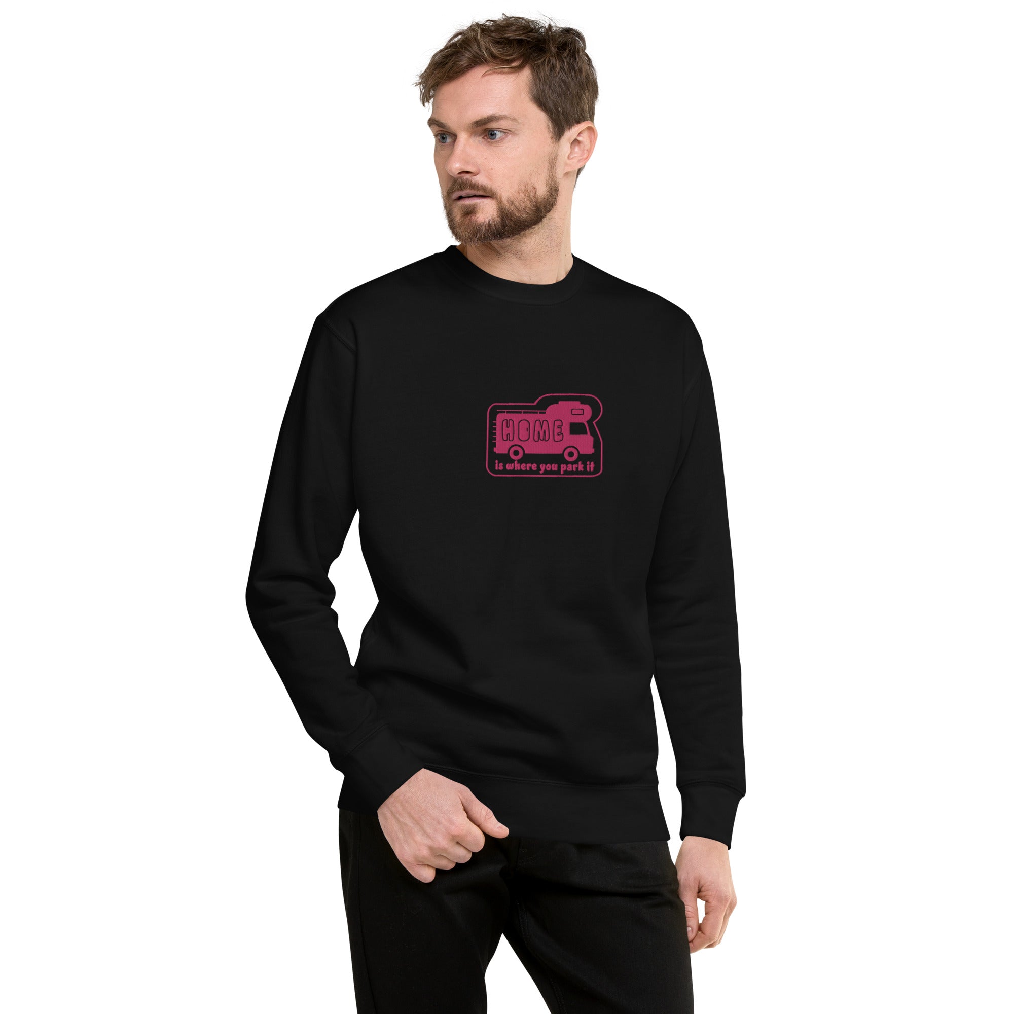 Unisex Premium Sweatshirt Bold Camper Van Home is where you park it flamingo embroidered pattern