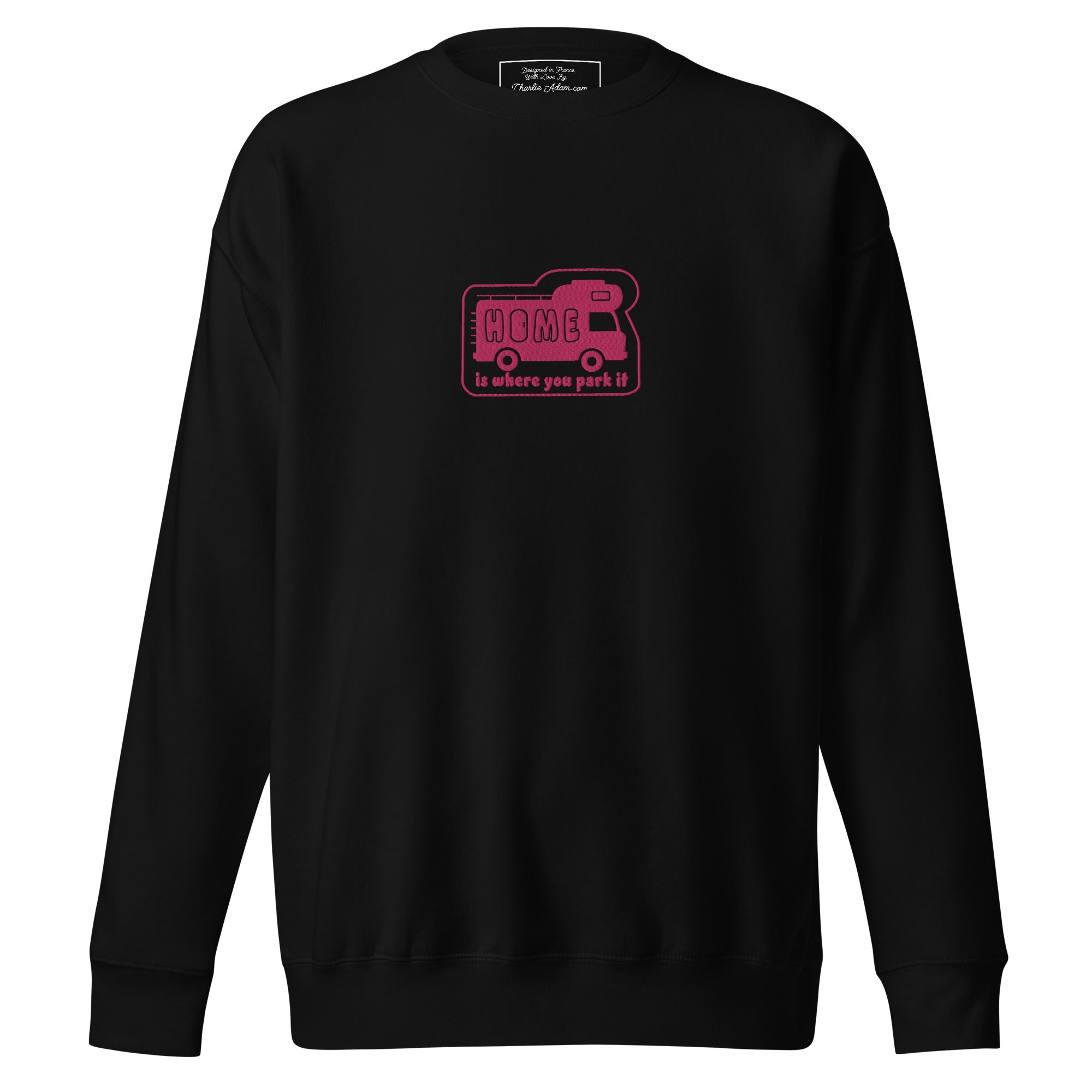 Unisex Premium Sweatshirt Bold Camper Van Home is where you park it flamingo embroidered pattern