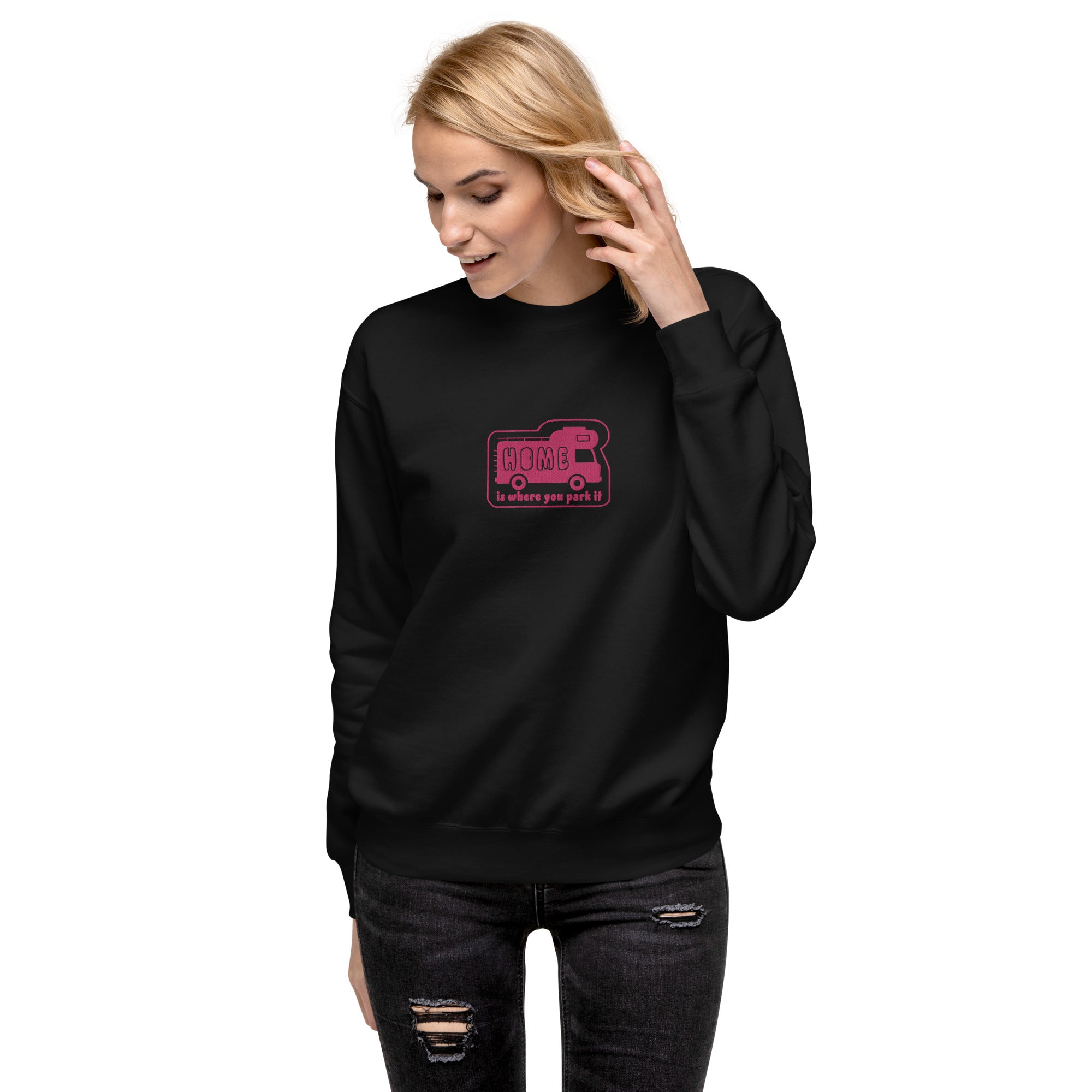 Unisex Premium Sweatshirt Bold Camper Van Home is where you park it flamingo embroidered pattern